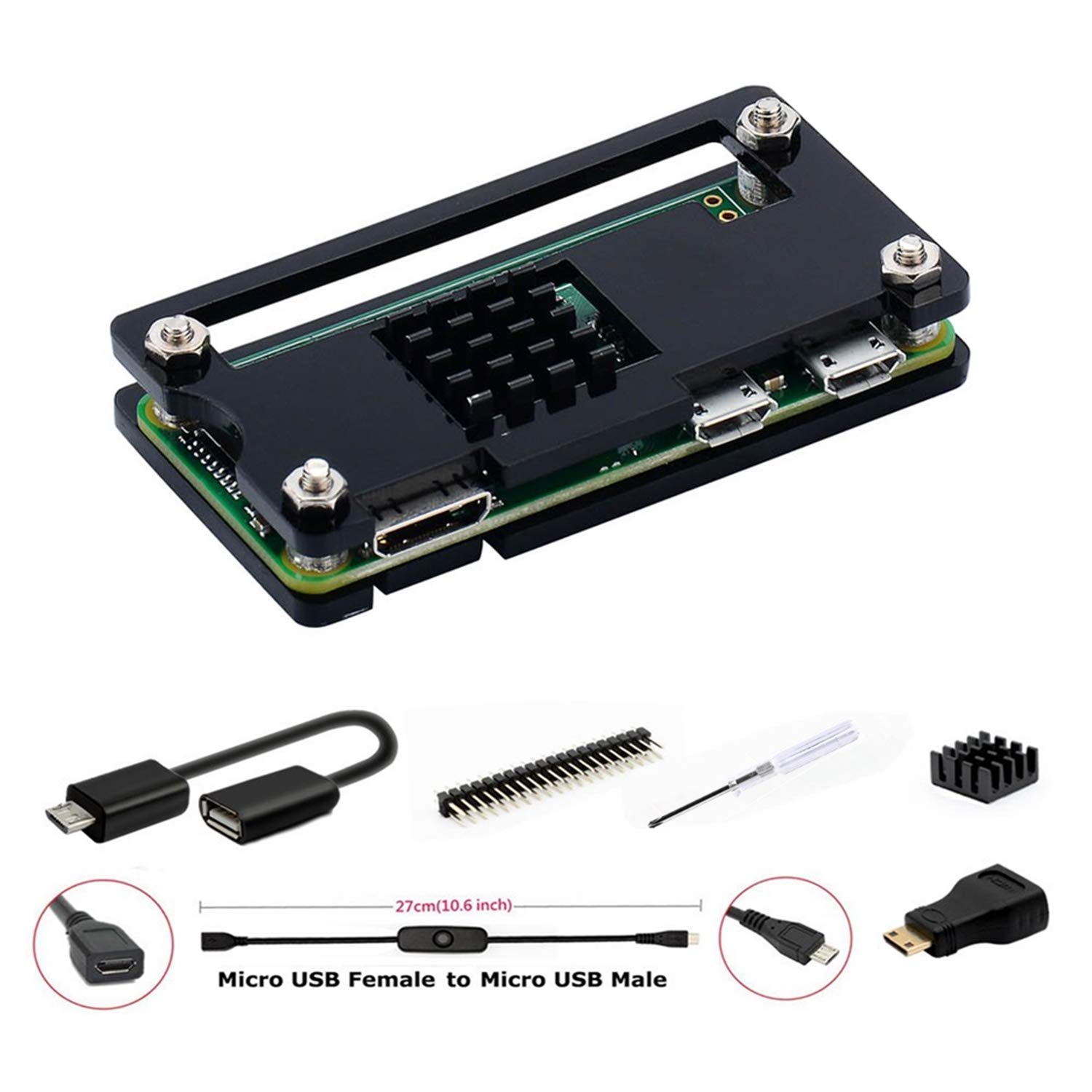 GeeekPi für Raspberry Pi Zero 2 W/Zero W Gehäuse, 7 in 1 Basic Starter Kit mit Acryl Pi Zero Gehäuse, 20-poliger GPIO-Header, OTG Kabel, Switch Kabel, HDMI Adapter, Kühlkörper(Schwarz) Angebot bei HelloDeals