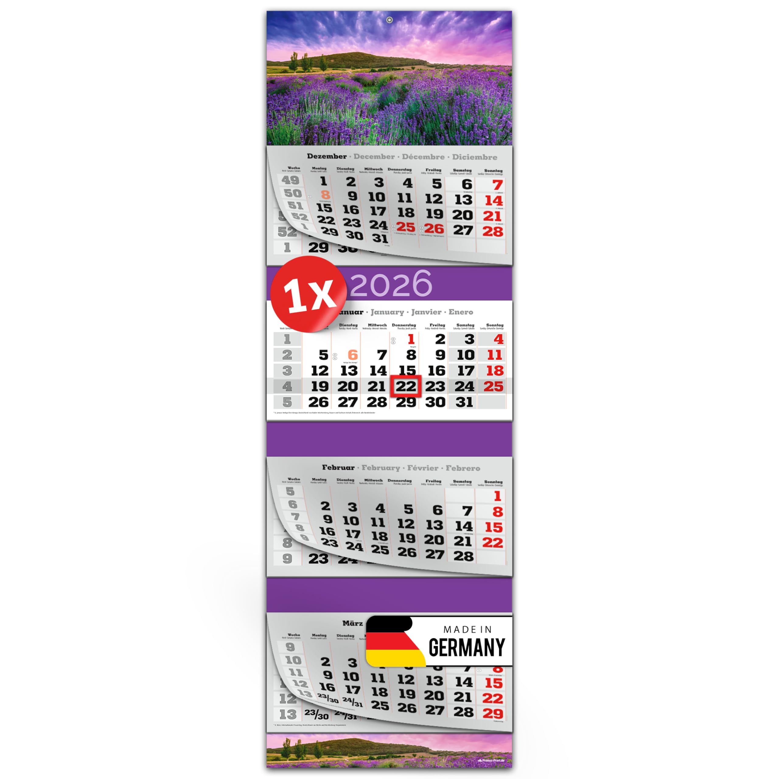 PRIMUS PRINT XXL Kalender 2026 - Mehrblock Wandkalender - 4-Monatskalender - mit Datum Schieber, Kalender zum Aufhängen - inklusive Feiertagen & Ferien - verschiedene Motive - [ 1x Lavendel ] 1x Kalender (Einzelset) Motiv: Lavendel Angebot bei HelloDeals