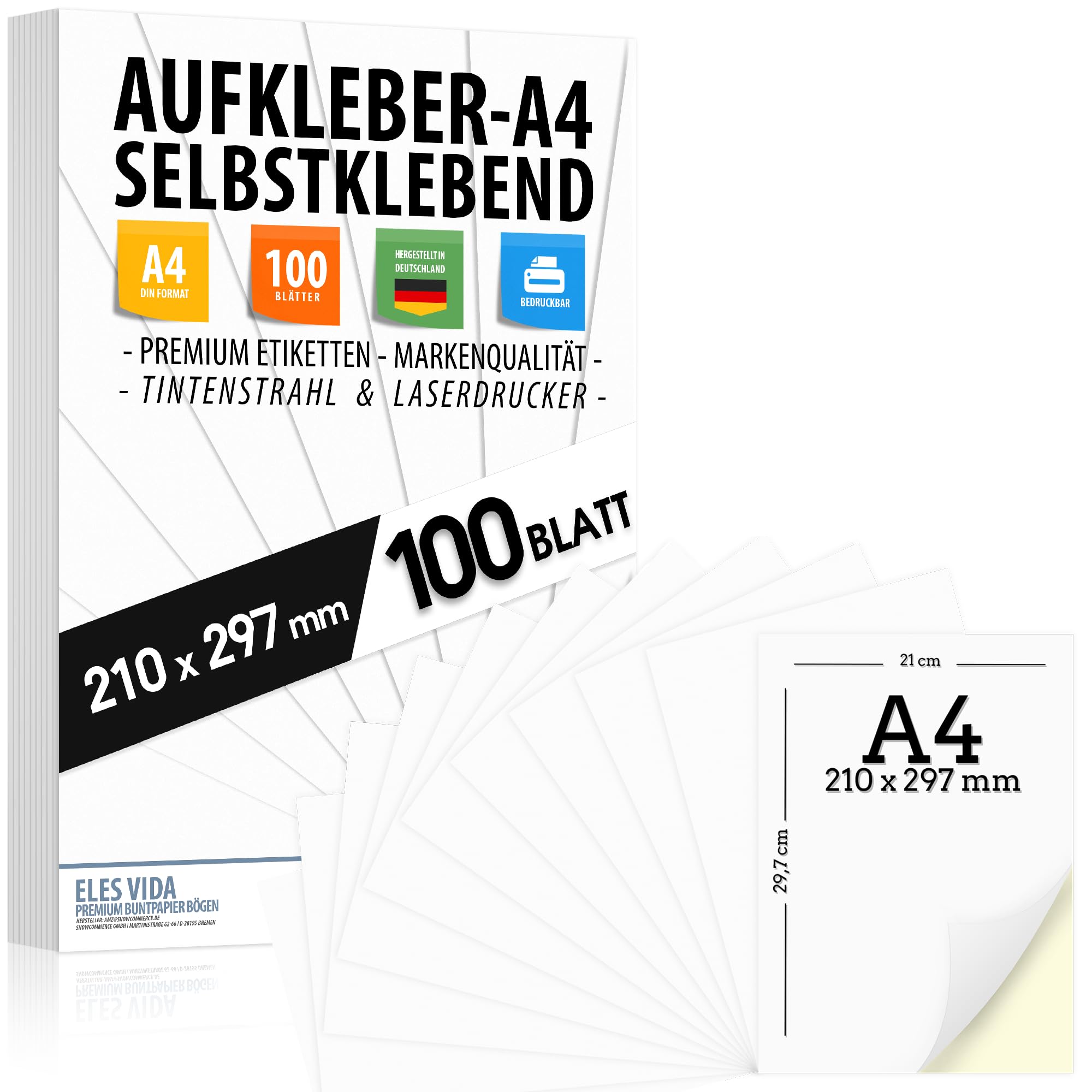 100 selbstklebende DIN A4 Etiketten Aufkleber, 210x297 mm, universell bedruckbar, matte weiße Oberfläche, kompatibel mit Inkjet- und Laserdruckern, Sticker für viele Anwendungen - AUS DEUTSCHLAND Angebot bei HelloDeals