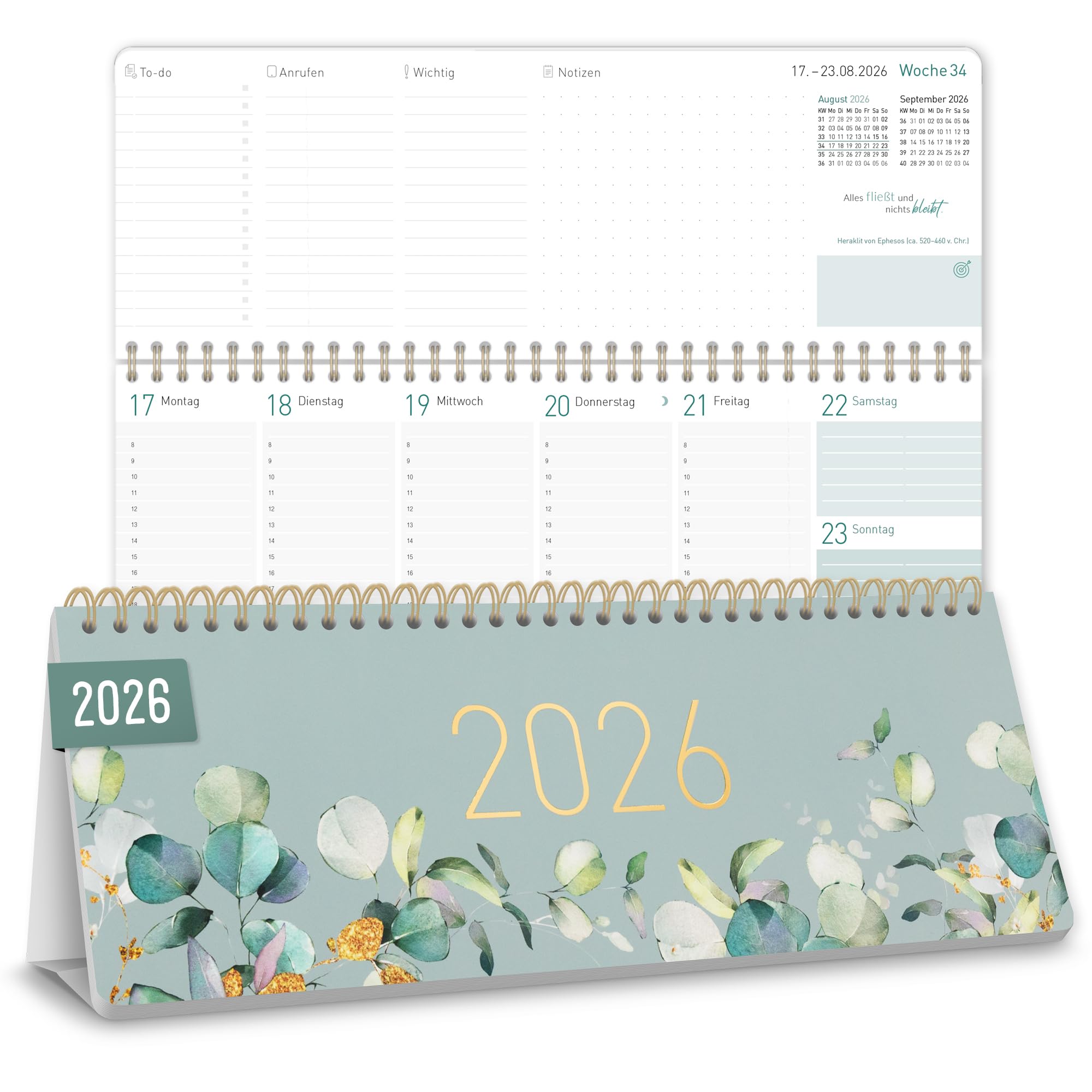 Häfft® Wochen-Tischkalender 2026 quer mit Aufsteller "Minty Leaves" 1 Woche 2 Seiten, Schreibtisch-Kalender mit Sprüchen, Wochenkalender 29,7 x 11,6 cm - nachhaltig & klimafreundlich Angebot bei HelloDeals