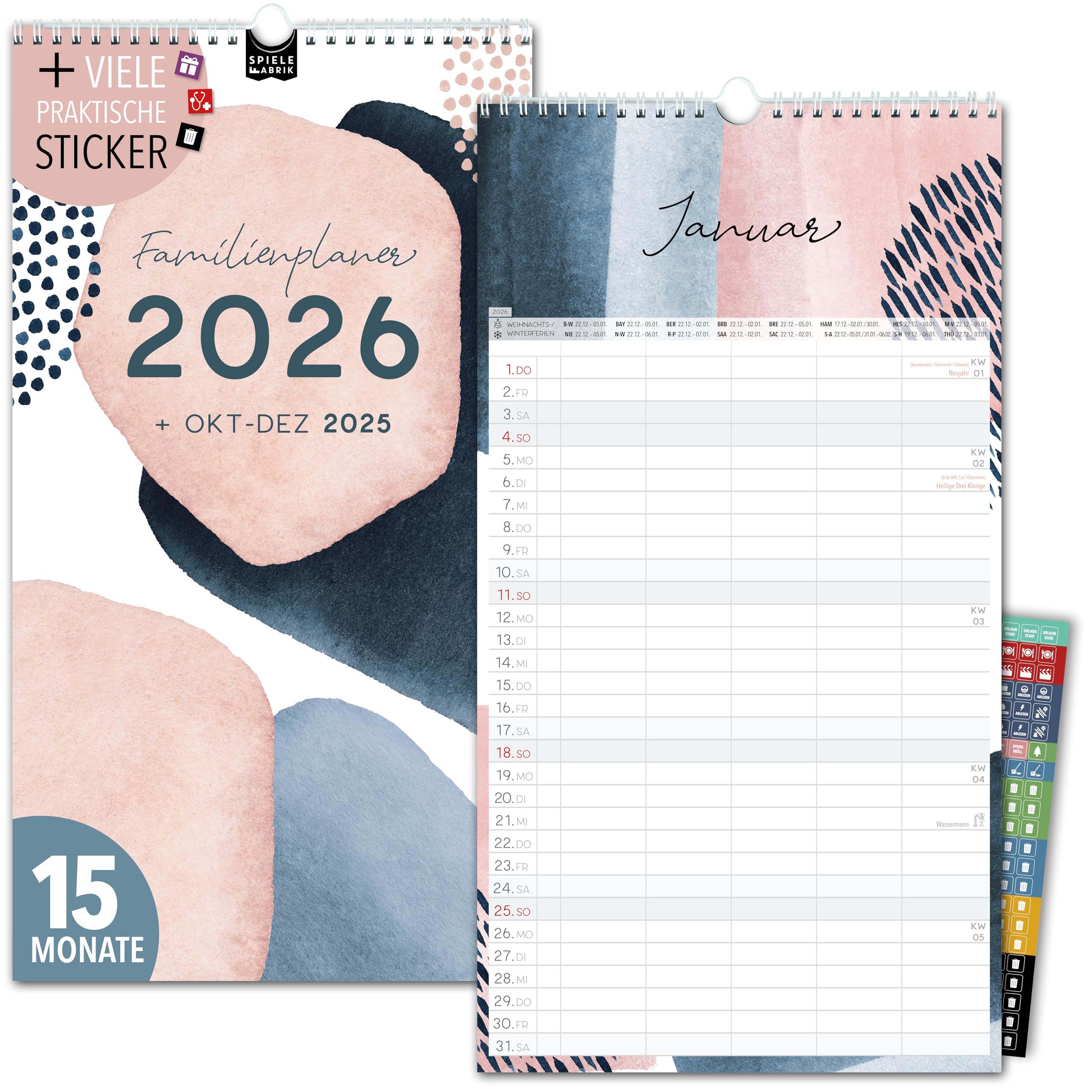 Familienkalender 2026 5 Spalten PASTELL Familienplaner 2026 mit STICKER Urlaub Recycling Ferien Wandplaner 2026 Wandkalender 23 x 43cm inkl. Okt-Dez 2025, Pflanzkalender, Kunst Design Boho Angebot bei HelloDeals
