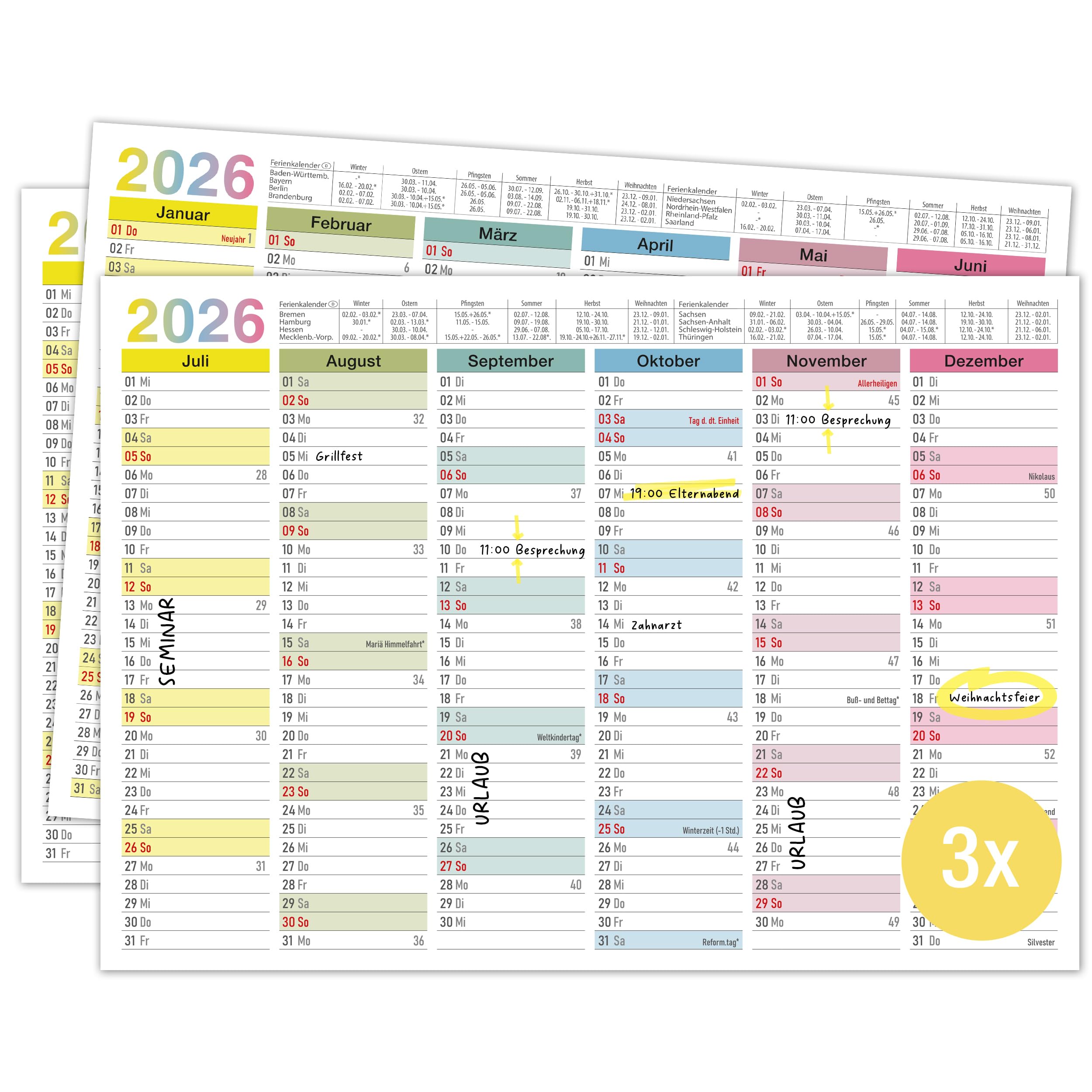 TOBJA Tafelkalender 2026 A4 - Kalender 2026 "Bunt" mit Ferien & Feiertagen | Wandkalender, Jahreskalender 2026 DIN A4 als Jahresplaner | Blattkalender 12 Monate Vorder- und Rückseite (3 Stück Papier) Angebot bei HelloDeals
