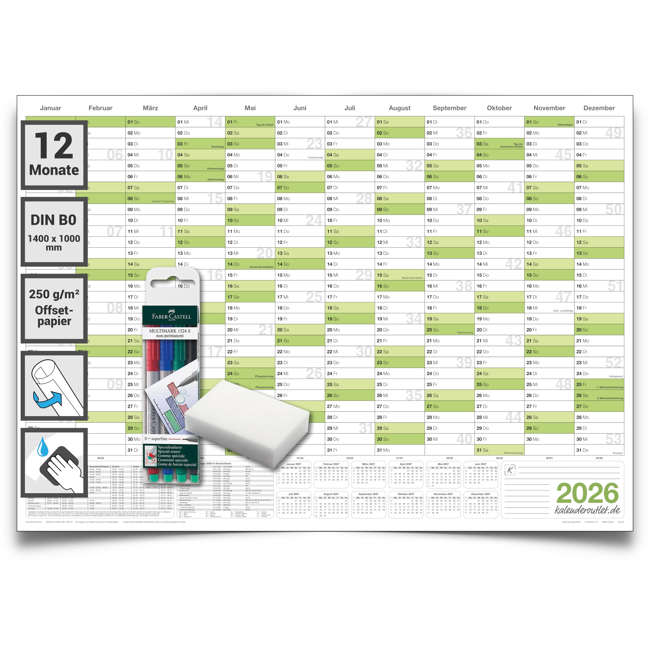 XXL Wandkalender 2026 abwischbar – DIN B0 (140 x 100 cm) Jahresplaner – inkl. 4 Marker & Schwamm – feucht korrigierbar – großer Kalender Deutsch – von Kalenderoutlet mit 4er Marker + Schwamm DIN B0 Angebot bei HelloDeals