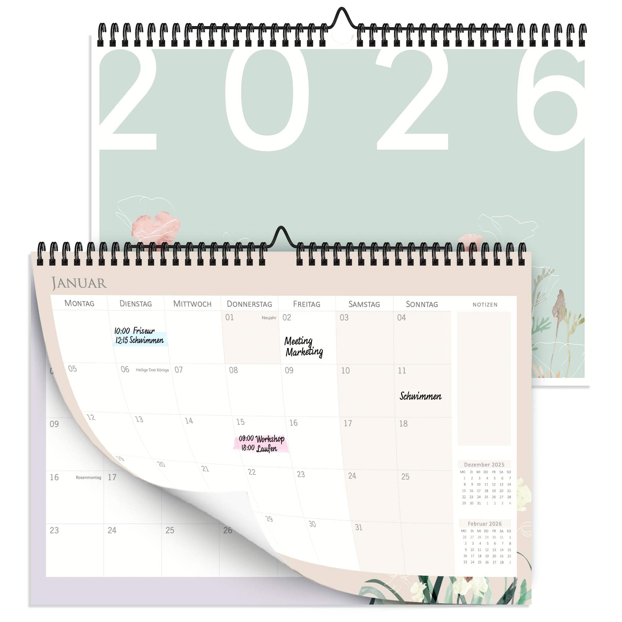 Wandkalender 2026 I Monatskalender mit Kästchen als A4 Quer Kalender I Perfekt für Paare, Singles oder Familien I Mint, Blumen I Ideal als Familienplaner, Monatsplaner für Zuhause oder Büro... 2026 Blumenwiese - Zum Aufhängen Angebot bei HelloDeals