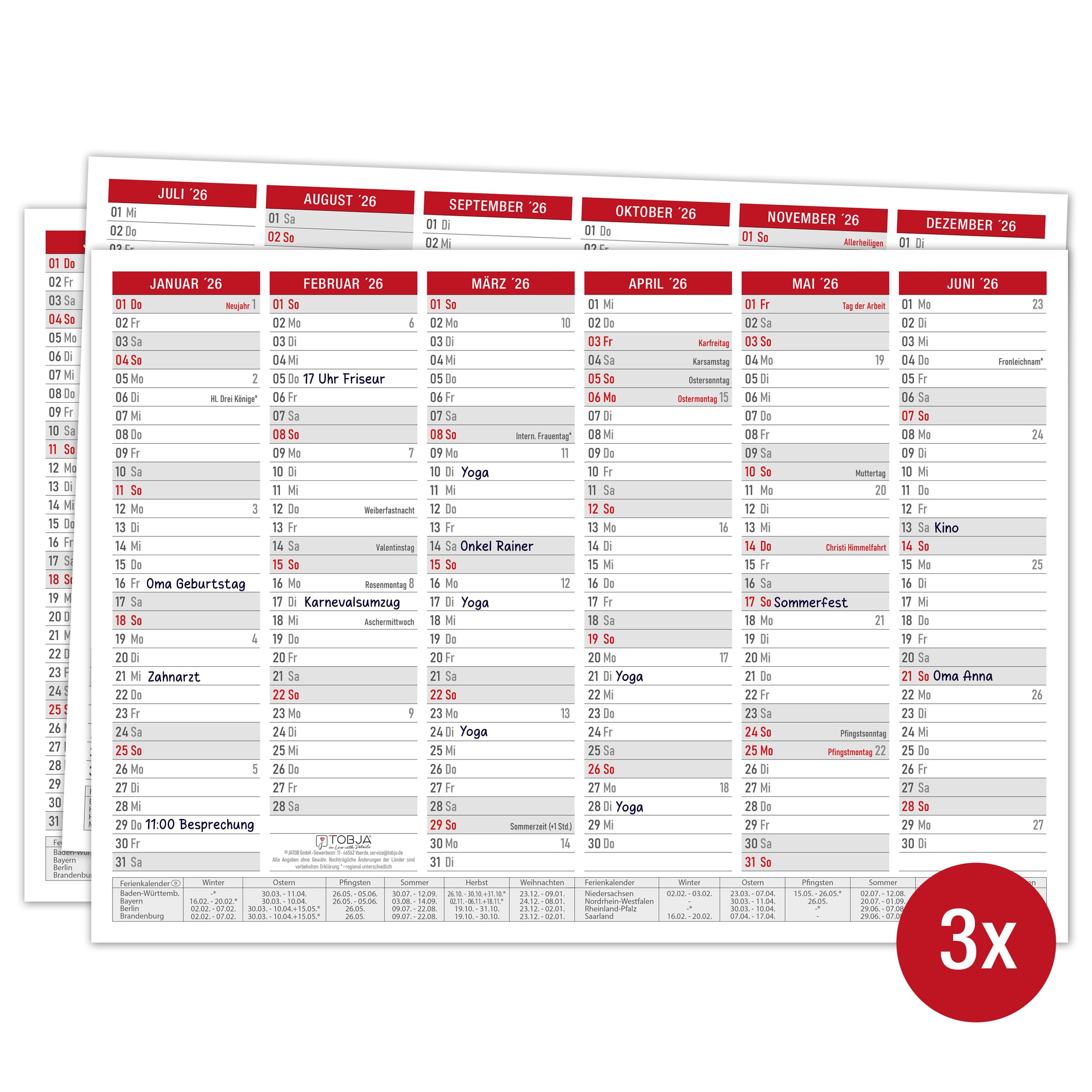 Tafelkalender 2026 A4 - Kalender 2026 "Rot" mit Ferien & Feiertagen | Wandkalender, Jahreskalender 2026 DIN A4 als Jahresplaner | Blattkalender 12 Monate auf Vorder- und Rückseite (3 Stück Papier) 3 Stck Papier Angebot bei HelloDeals
