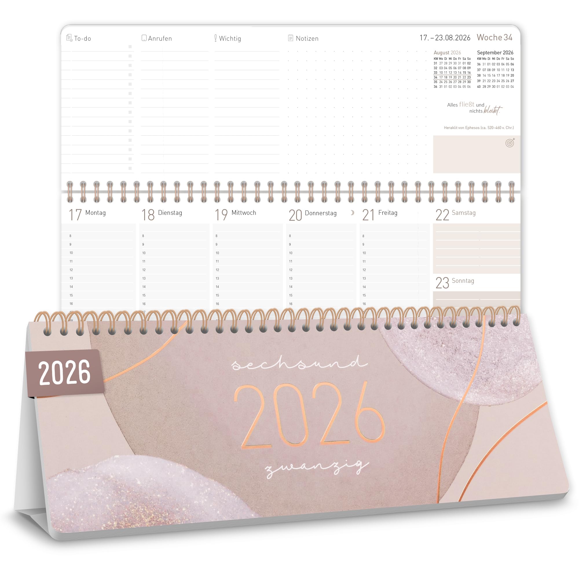 Häfft® Wochen-Tischkalender 2026 quer mit Aufsteller "Soft Beige" 1 Woche 2 Seiten, Schreibtisch-Kalender mit Sprüchen, Wochenkalender 29,7 x 11,6 cm - nachhaltig & klimafreundlich Angebot bei HelloDeals