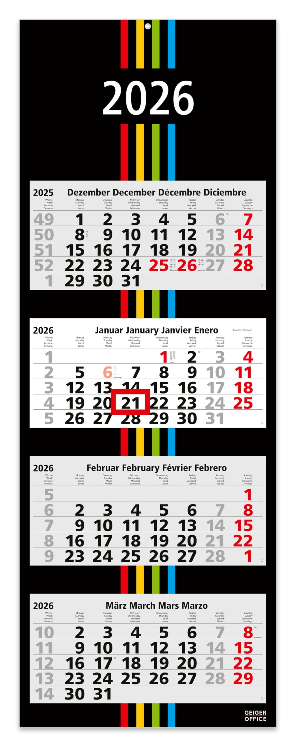 GEIGER-OFFICE 4-Monatskalender Wandkalender 2026 Black+Stripes 4-33 x 90 cm, Großformat mit 4 einzelnen, perforierten Kalenderblocks, Rückwand faltbar/Büro -Kalender - Made in Germany Angebot bei HelloDeals