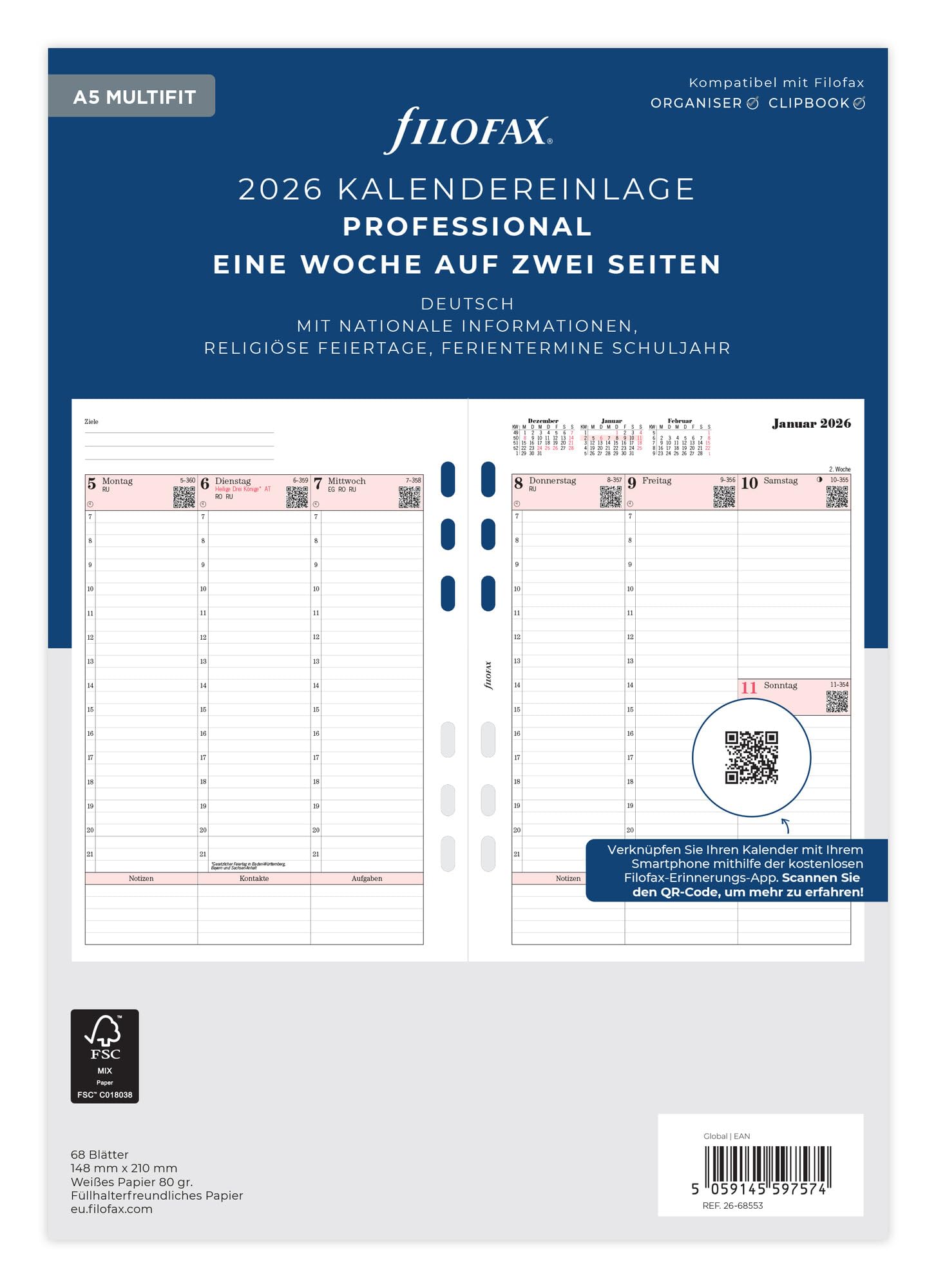 Filofax Kalender A5 Prof.1 Woche auf 2 Seiten (deutsch)2026 Angebot bei HelloDeals