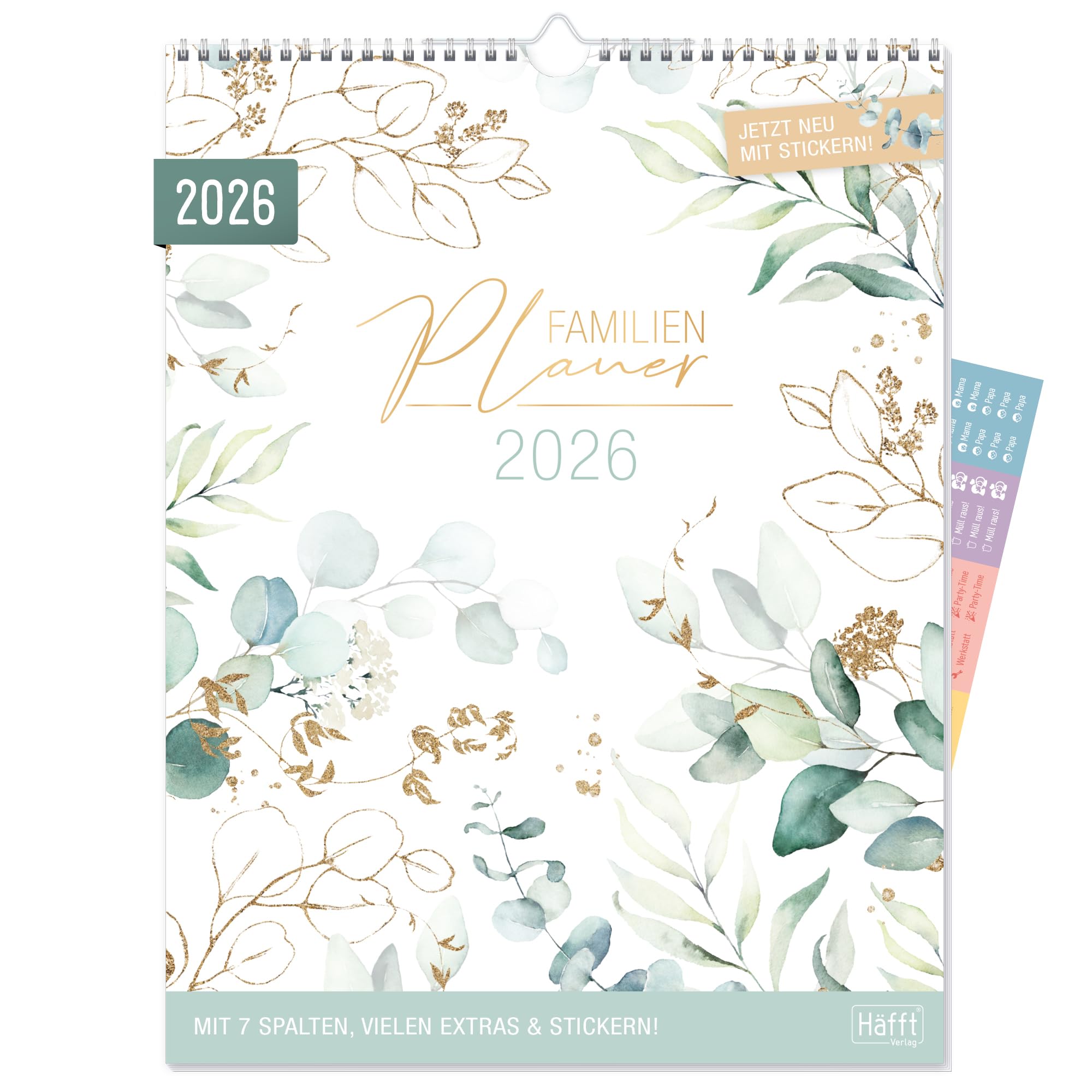 Häfft® Familienplaner XXL 2026 Wandkalender 7-spaltig mit Sticker "Blattgold" 33,1 x 44,6 cm, Familienkalender Wandplaner für 12 Monate: Jan bis Dez 26 - nachhaltig & klimafreundlich Angebot bei HelloDeals