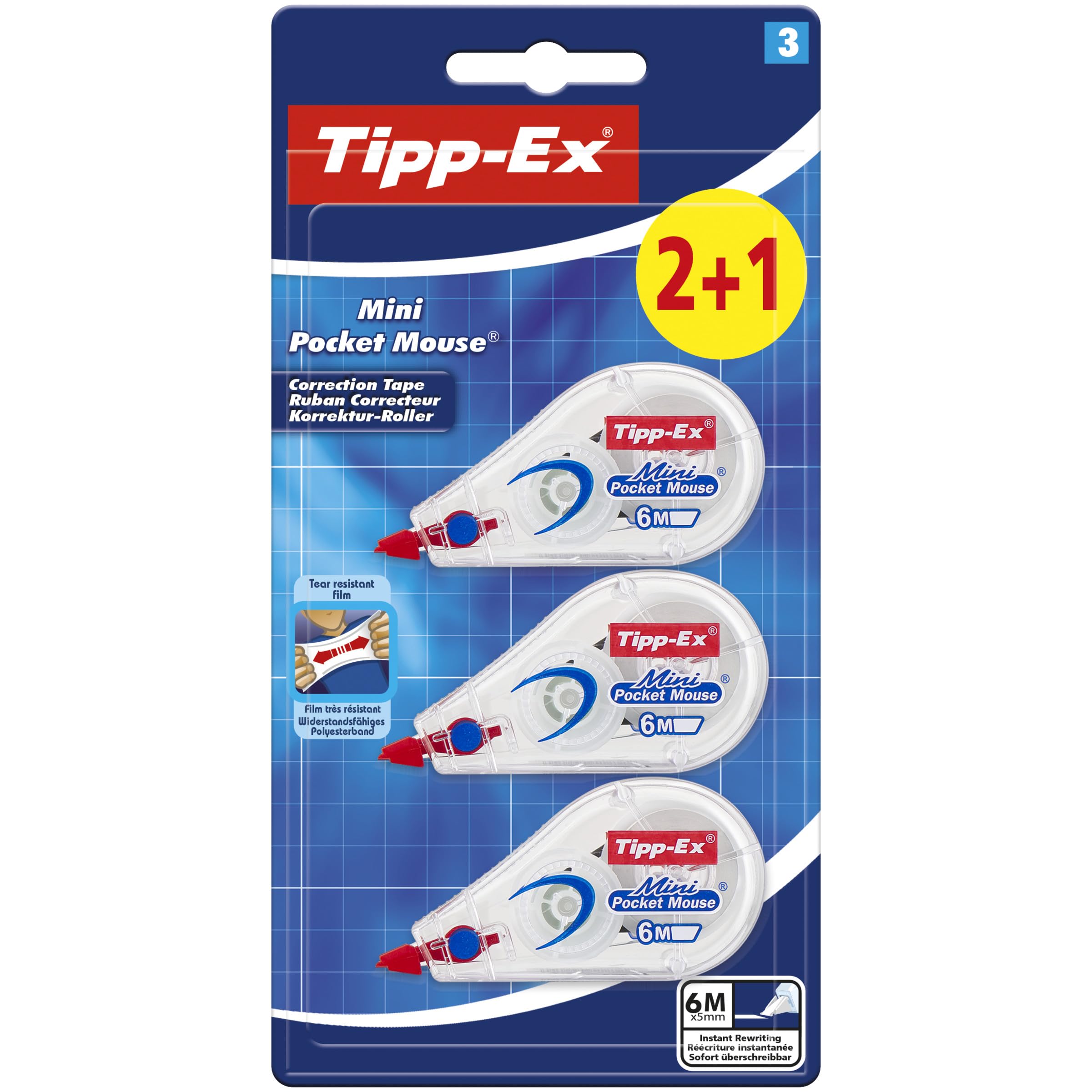 Tipp-Ex Korrekturroller Mini Pocket Mouse, 6m x 5mm, Ideal für das Büro, das Home Office oder die Schule, 2 +1 Stück (1er Pack) Angebot bei HelloDeals