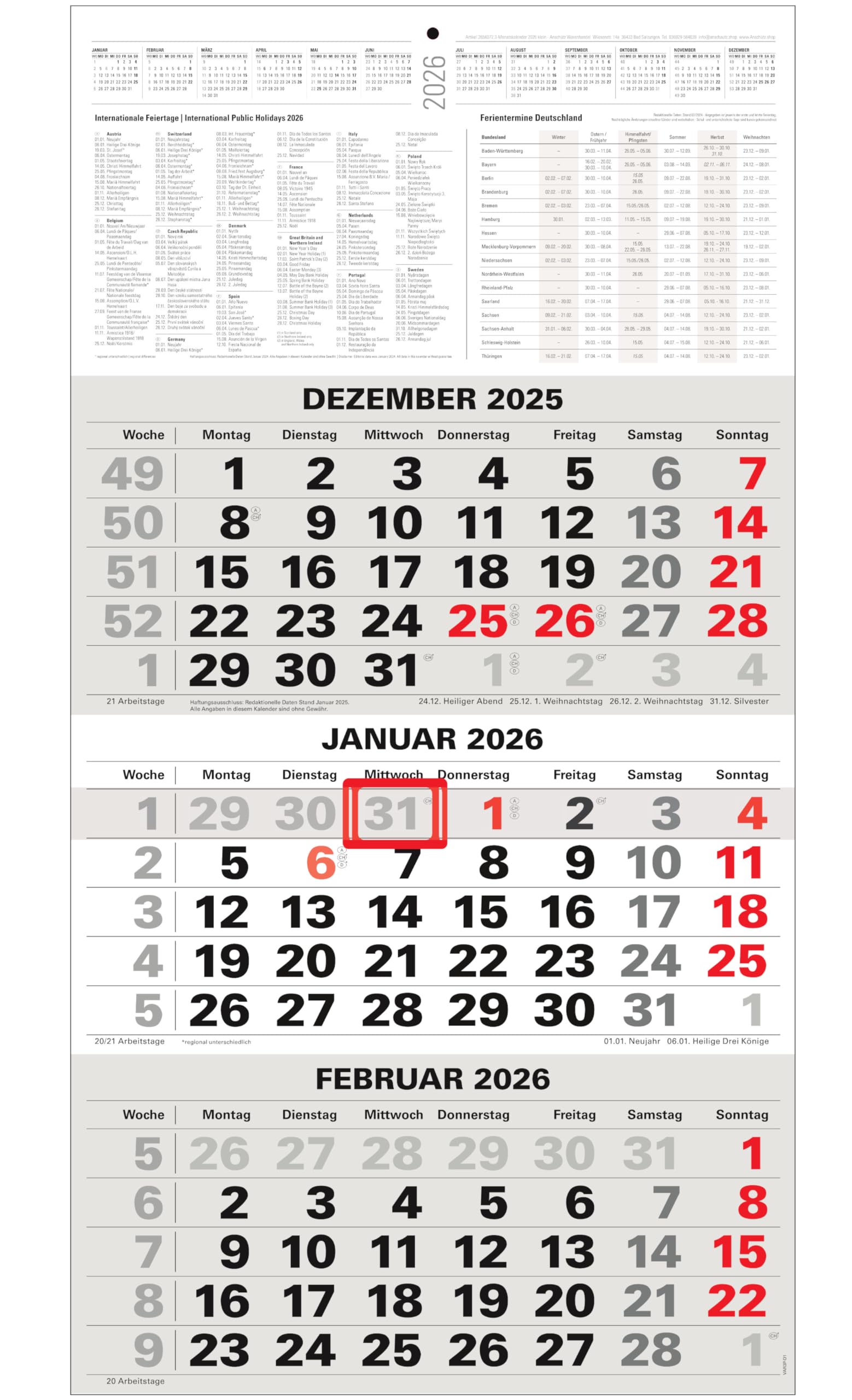 3-Monatskalender 2026 Bürokalender Wandplaner 450x235mm Dreimonatskalender klein Angebot bei HelloDeals