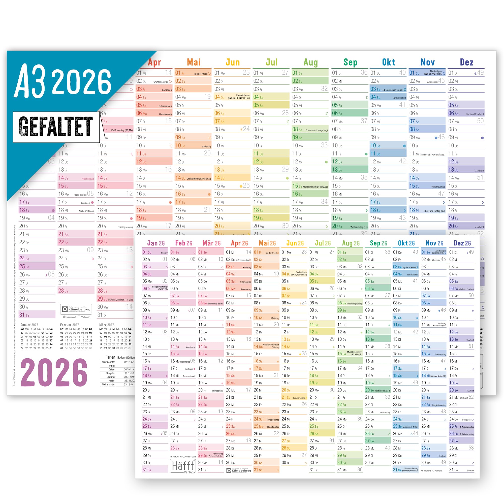 Häfft® Wandkalender 2026 A3 gefalzt (42 x 29,7 cm) "Rainbow" Wandplaner mit Ferien-Übersicht und Feiertagen + gratis A4-Kalender - nachhaltig & klimafreundlich Angebot bei HelloDeals