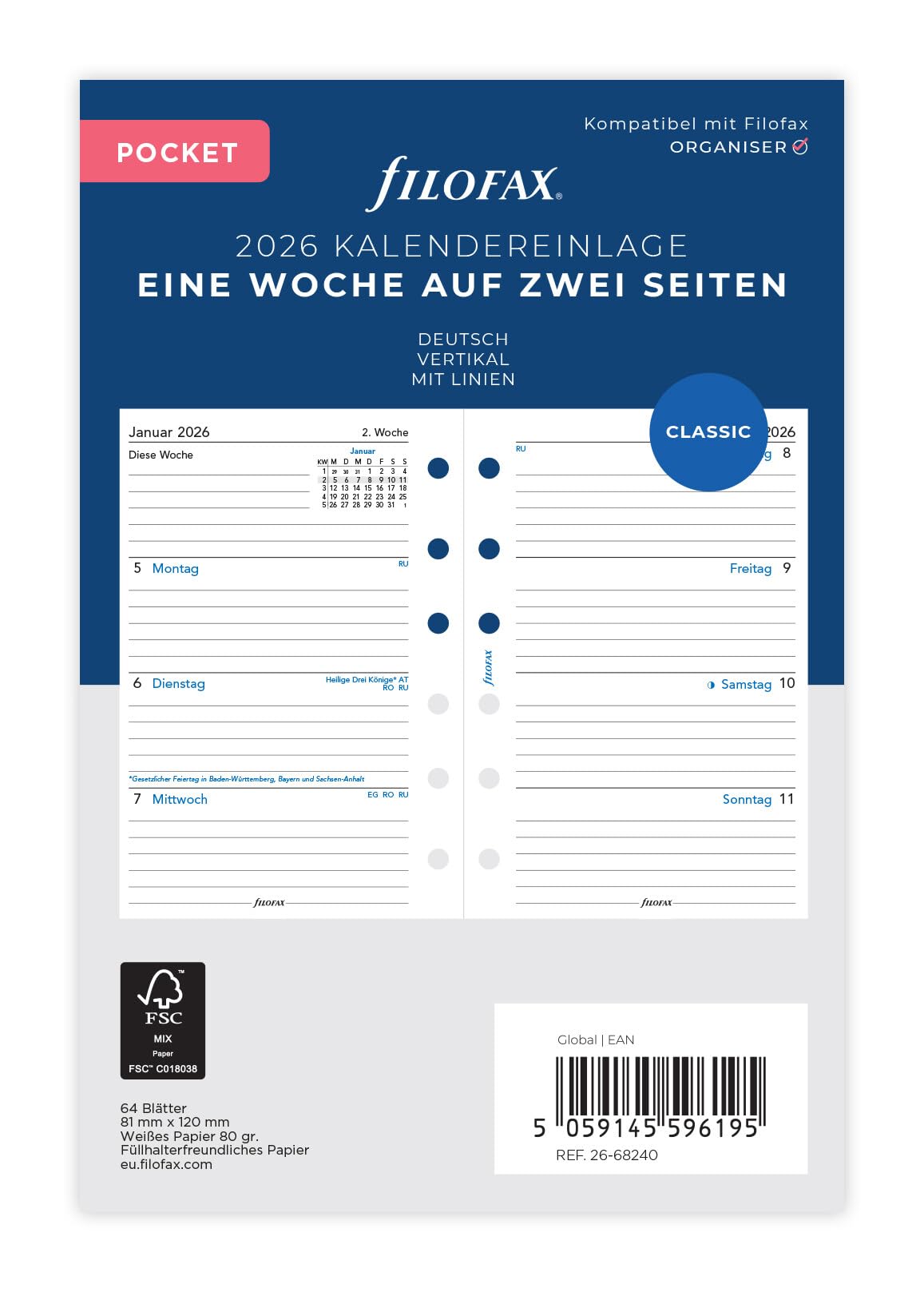 Filofax Kalender Pocket 1 Woche auf 2 Seiten vertikal (deutsch)2026 Angebot bei HelloDeals