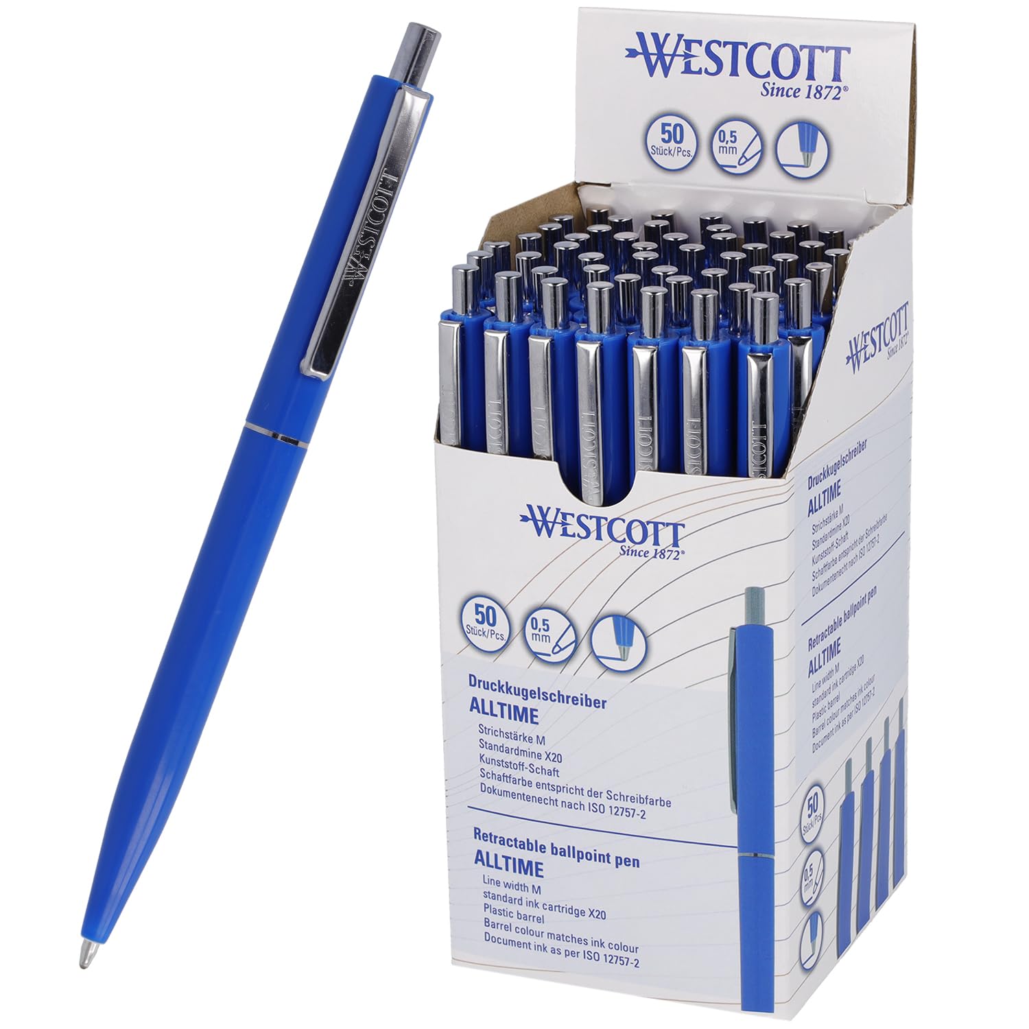 Westcott Kugelschreiber ALLTIME Blau 50 Stück | Vorteilspack Druckkugelschreiber mit blauer Tinte | Strichstärke M mit X20 Standardmine | Dokumentenecht ISO 12757-2 | Stabiler Metallclip | E-737456 00 Angebot bei HelloDeals