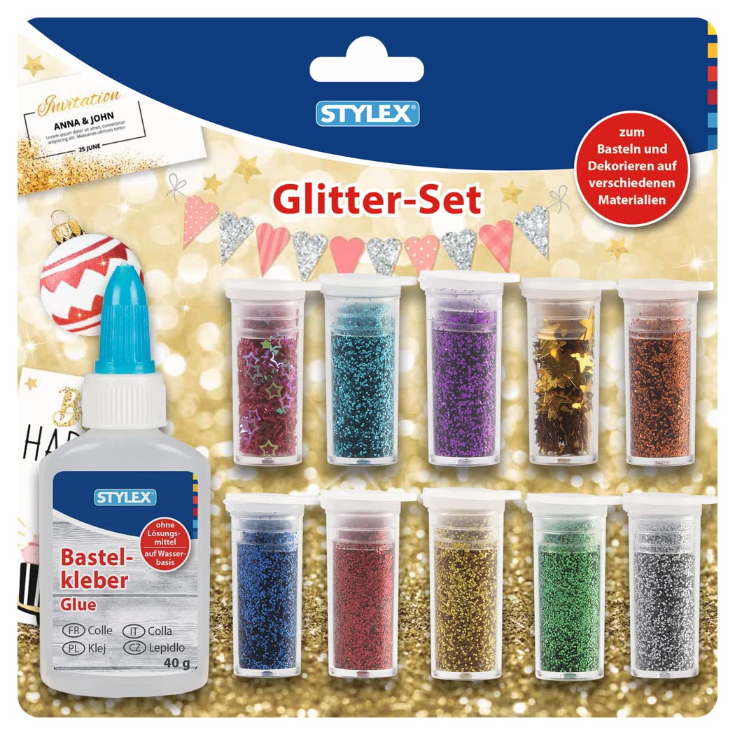 Stylex 23386 - Glitter-Set, 11 teilig, mit 8 Döschen Glitterpulver, 2 Döschen Streudeko und 1 Flasche Bastelkleber, zum Basteln und Dekorieren, Mehrfarbig Angebot bei HelloDeals