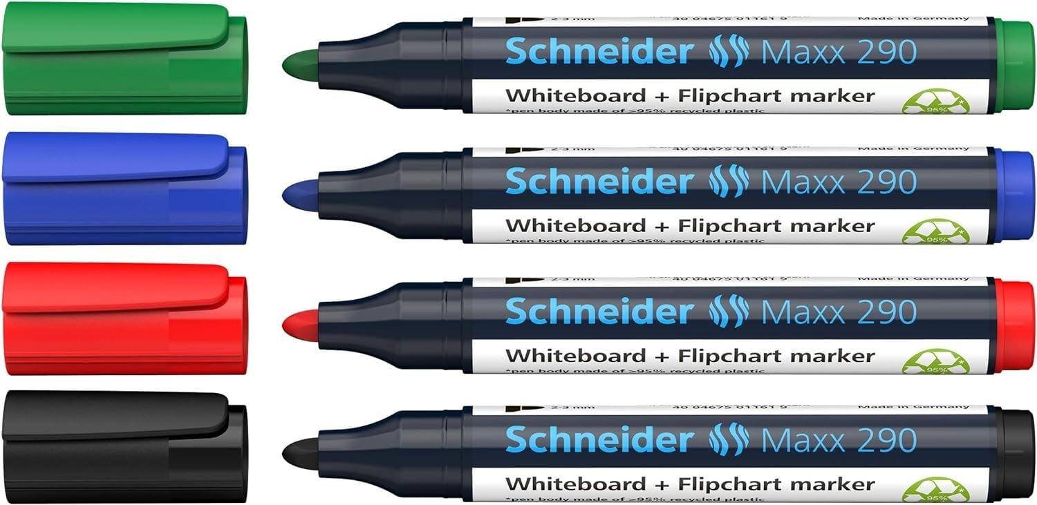 Schneider Maxx 290 Marker (für Whiteboards und Flipcharts, Rundspitze 2-3 mm Strichstärke, rückstandsfrei trocken abwischbar, hohe Qualität, kräftig und farbintensiv) Etui mit 4 Farben 1 stück (4er Pack) Angebot bei HelloDeals
