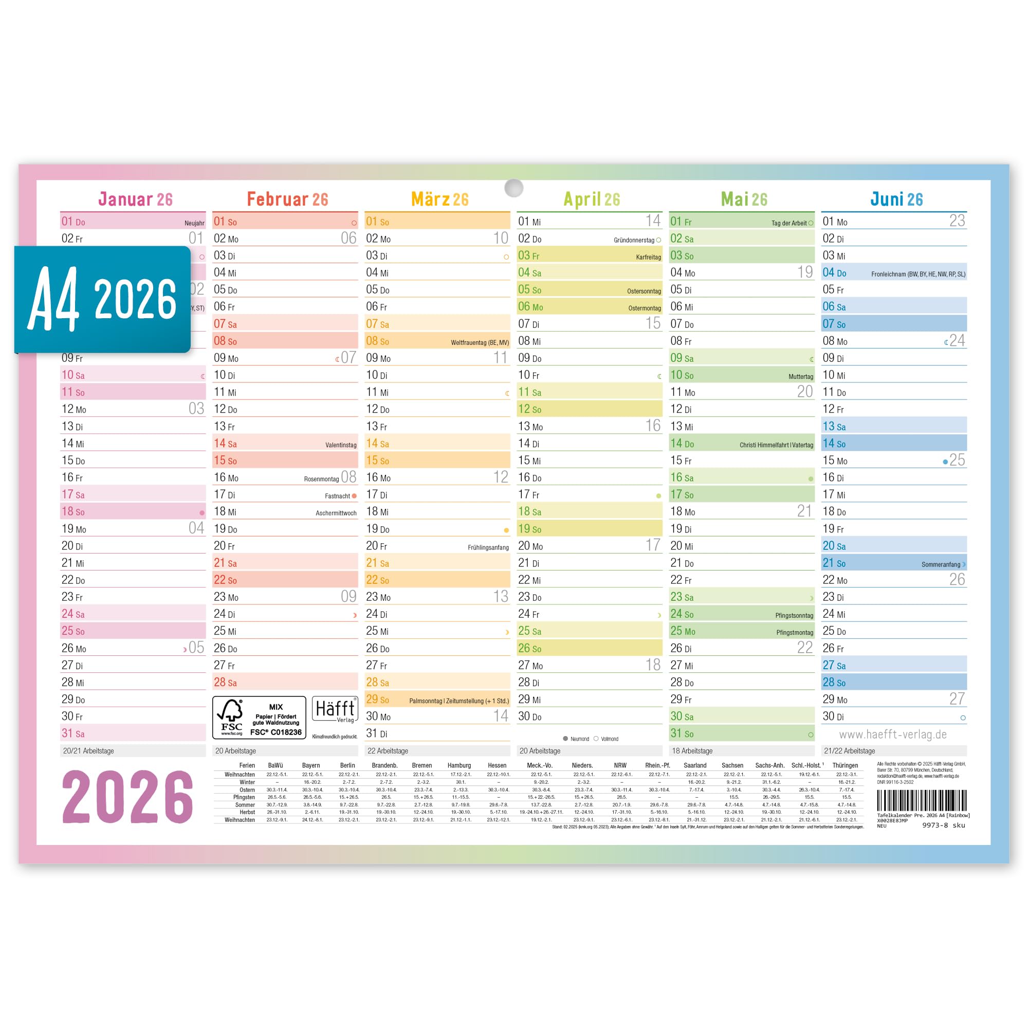 Häfft® Premium Tafelkalender 2026 A4 quer mit Ferien & Feiertagen, 850g/m² Karton - Jahresplaner, Wandkalender, Jahreskalender "Rainbow" - nachhaltig & klimafreundlich Angebot bei HelloDeals