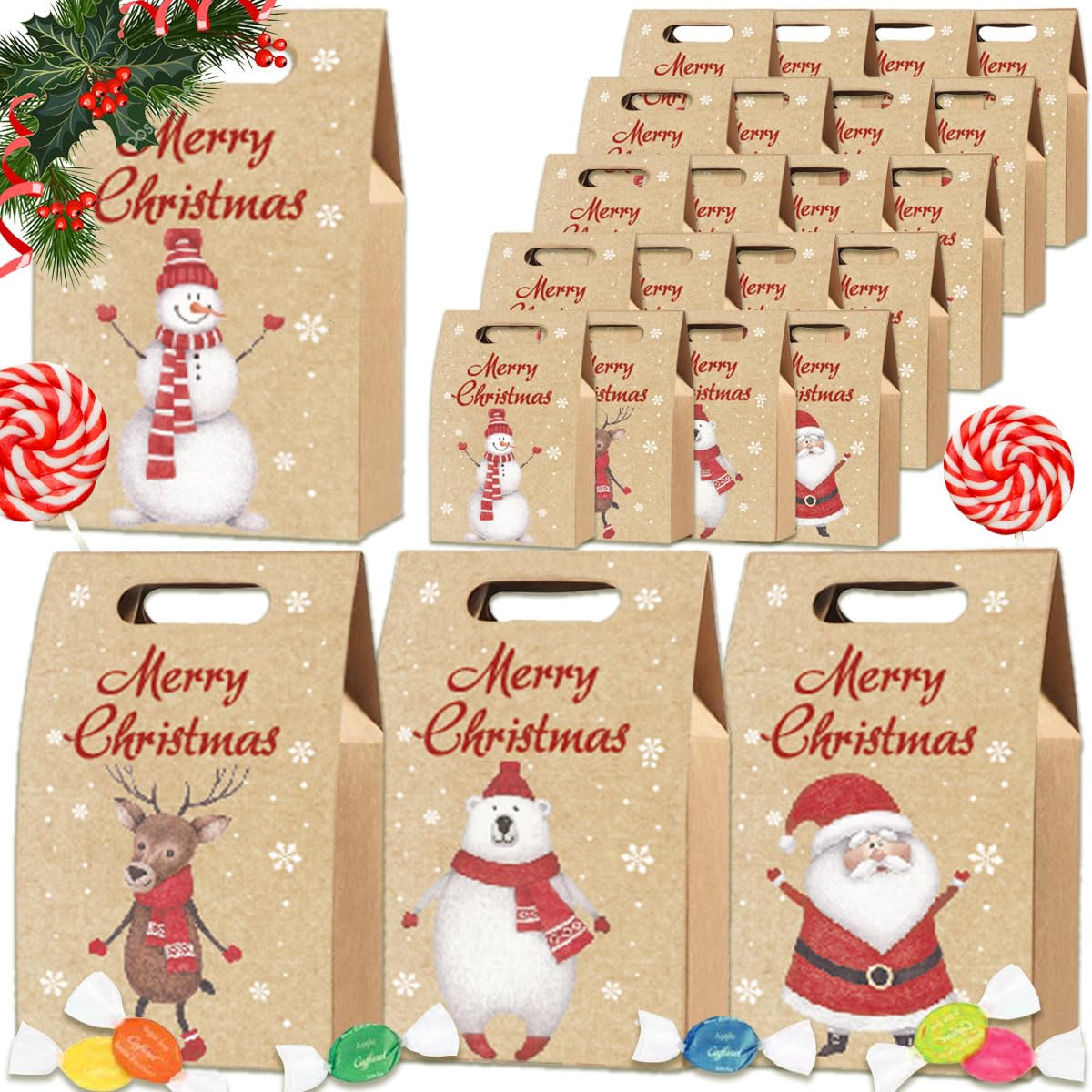 Geschenktüten Weihnachten, Weihnachtstüten Papiertüten mit Griff, Partytasche Geschenkbox Kraftpapier Verpackung, Schokolade SüßIgkeiten Organizer -24STK- Angebot bei HelloDeals