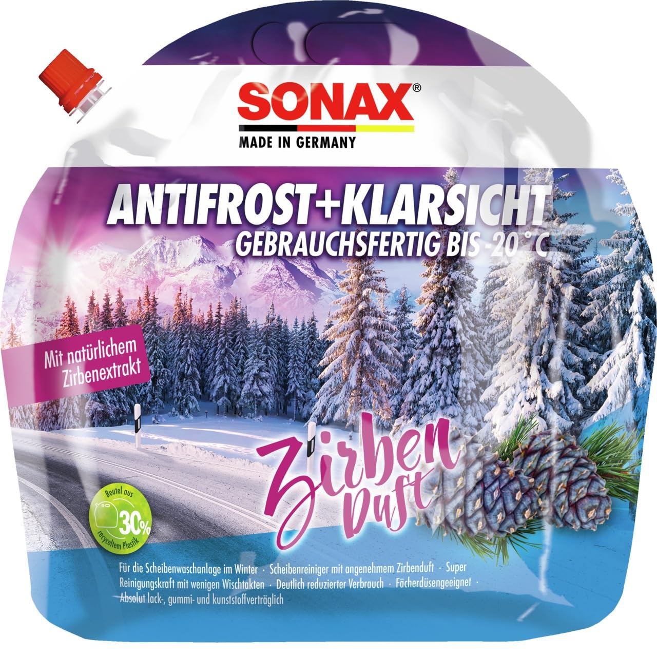 SONAX AntiFrost+KlarSicht Zirbe Gebrauchsfertig bis -20°C (3 Liter) schneller, schlierenfreier & effektiver Scheibenreiniger für den Winter | Art-Nr. 01314410 Angebot bei HelloDeals