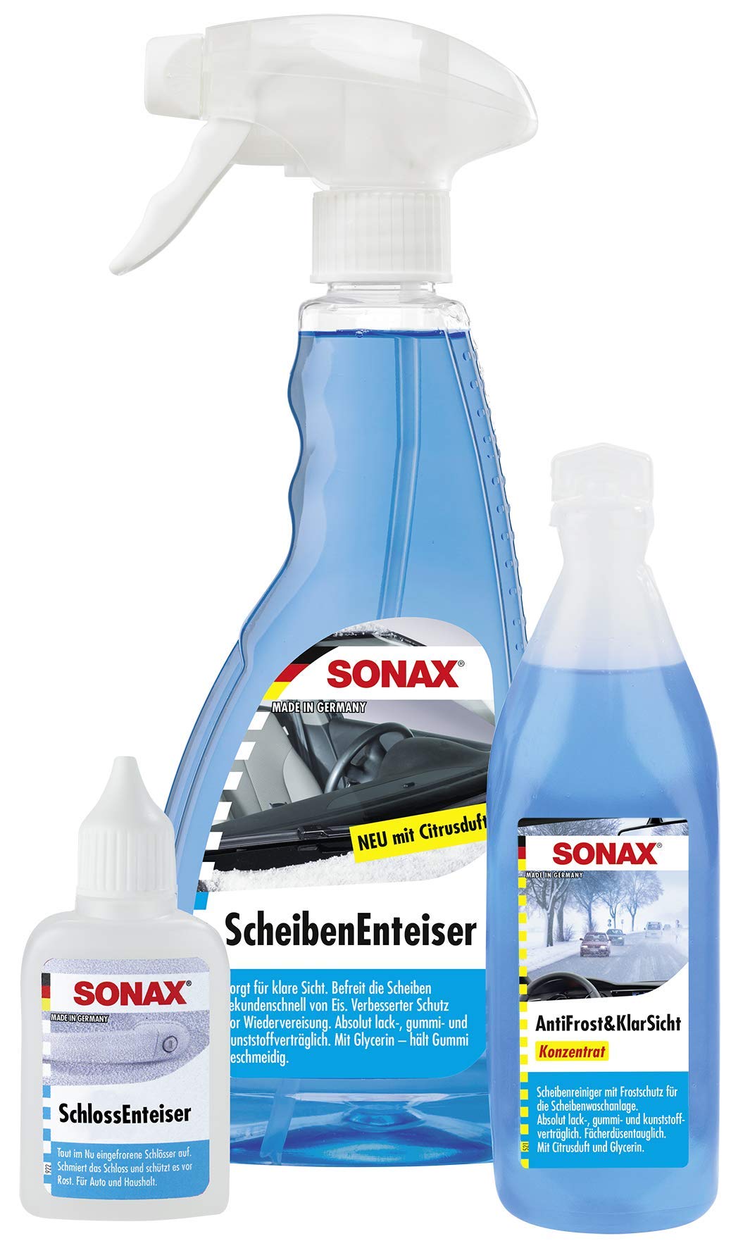 SONAX WinterFitSet (3-teilig) gegen Eis, Frost & schlechte Sicht, Scheibenenteiser (500 ml), Schlossenteiser (50 ml) & AntiFrost+KlarSicht Konzentrat (250 ml) | Art-Nr. 03319000 Angebot bei HelloDeals
