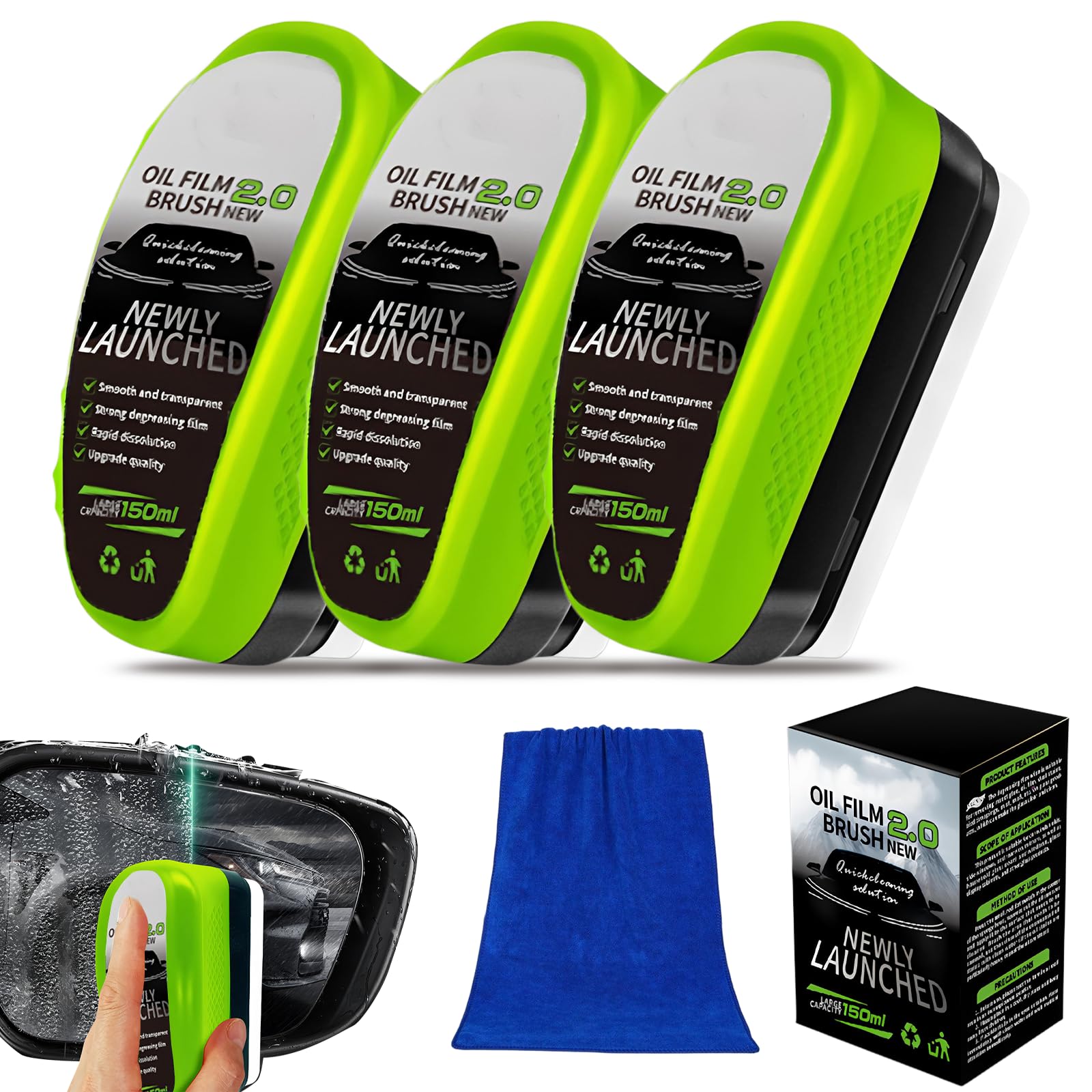 3Pcs Ölfilm-Entferner für Windschutzscheiben(mit Waschlappen),150ml Scheibenreiniger Auto,mit Reinigungsbürste, Ölabweisende Folie, Windschutzscheibe Verbessert Klarheit und Sichtbarkeit Angebot bei HelloDeals