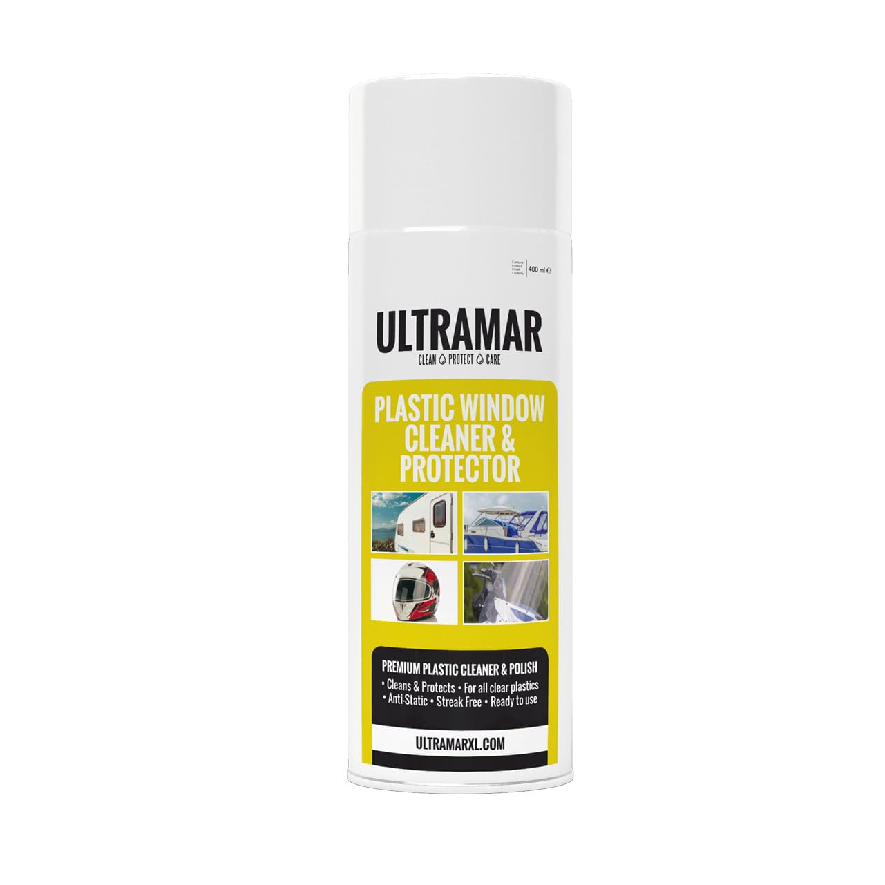 Ultramar - Plastic Window Cleaner & Protector - 400ml - Regenabweiser und Reiniger für Kunststoffscheiben, Camperfenster, Helmvisier und Bootscheibe - Scheibenreiniger und Nano Versiegelung Angebot bei HelloDeals
