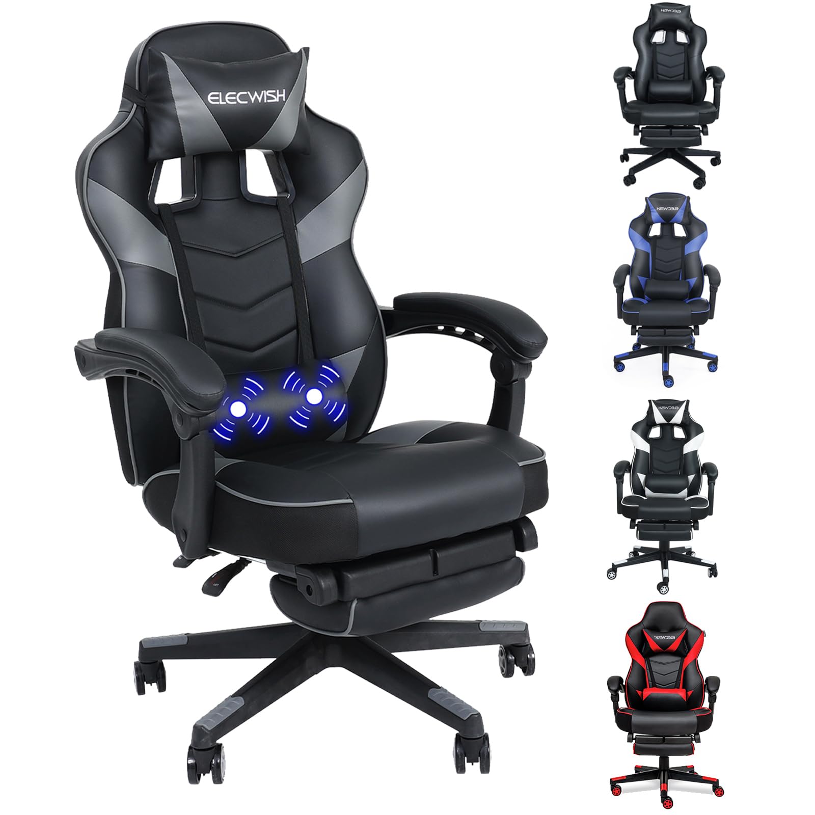 Fullwatt Gaming Stuhl, Bürostuhl Ergonomisch Racing Stuhl Massage Gamingstuhl mit Fußstütze 90-150° Rückenlehne Verstellbar, mit Abnehmbare Kopfstütze Lendenkissen, PU Leder Grau Grau & Schwarz, für Erwachsener Angebot bei HelloDeals