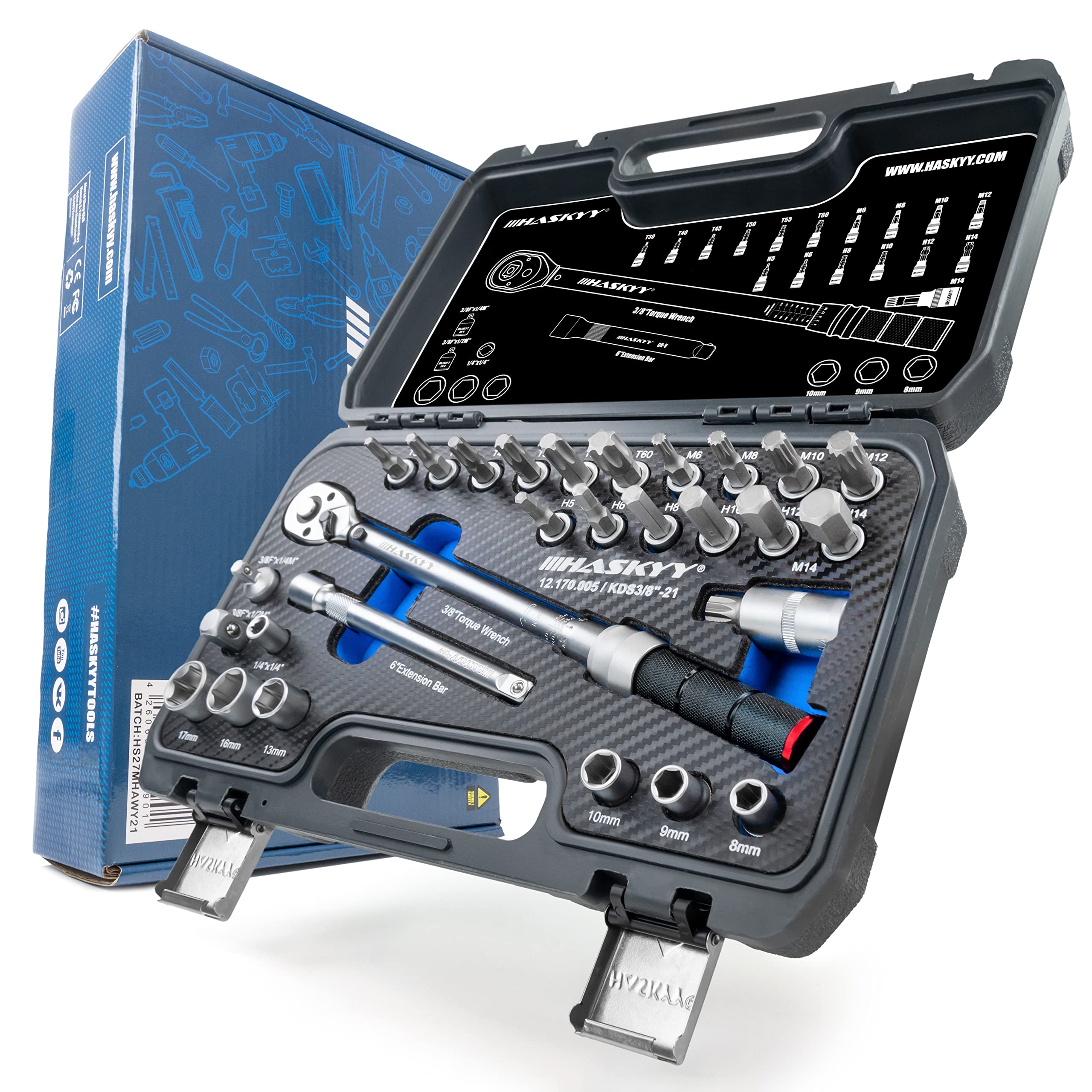 HASKYY Drehmomentschlüssel Set 3/8" 5-60Nm Motorrad Chopper Custom-Bike mit viel Zubehör wie Verlängerungsstange, Bits, Nuss-Einsätze, Adapter Angebot bei HelloDeals