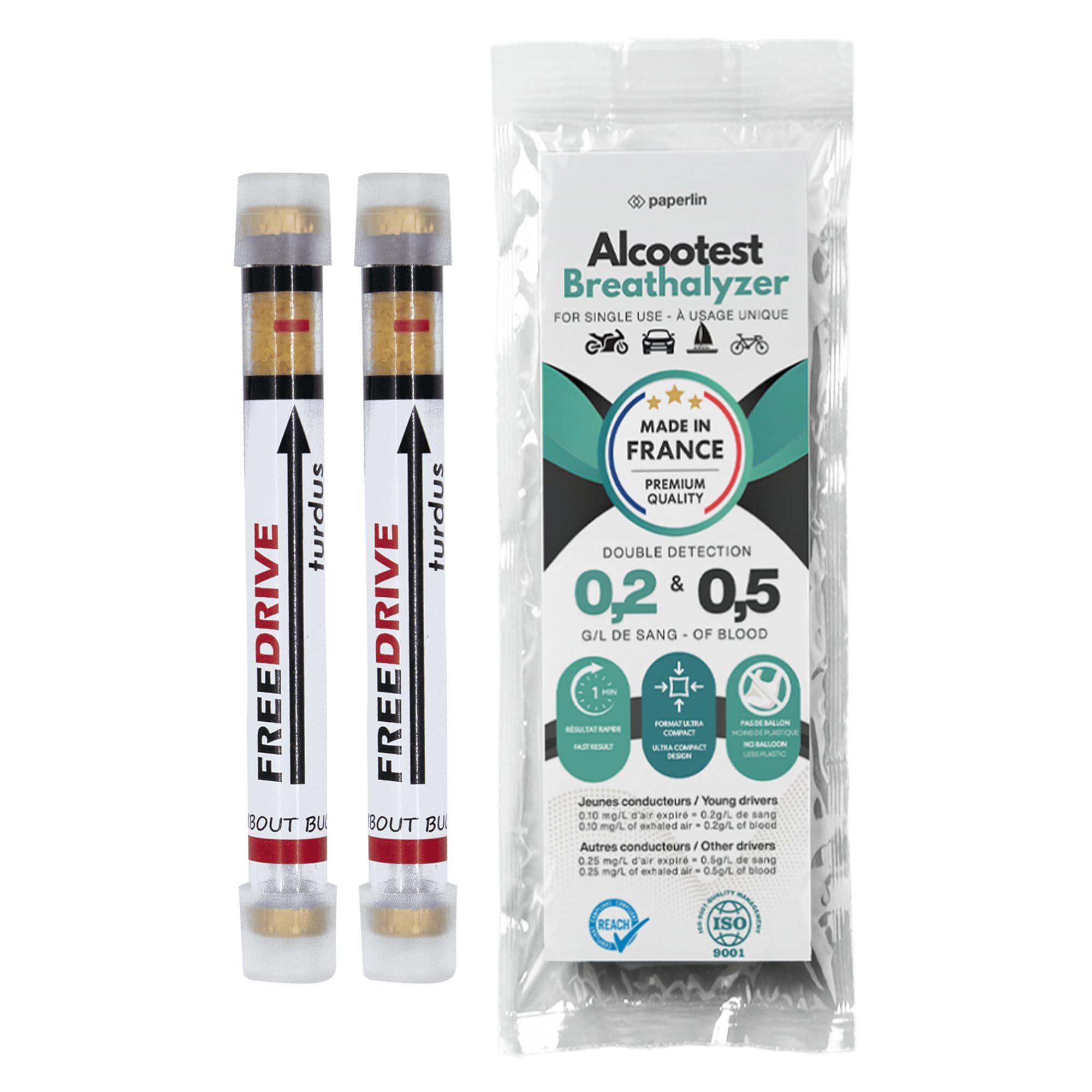 Alkoholtester Frankreich 2er Pack – NF Zertifizierter Einweg-Alkoholtester – Doppelschwelle 0,2 & 0,5 Angebot bei HelloDeals