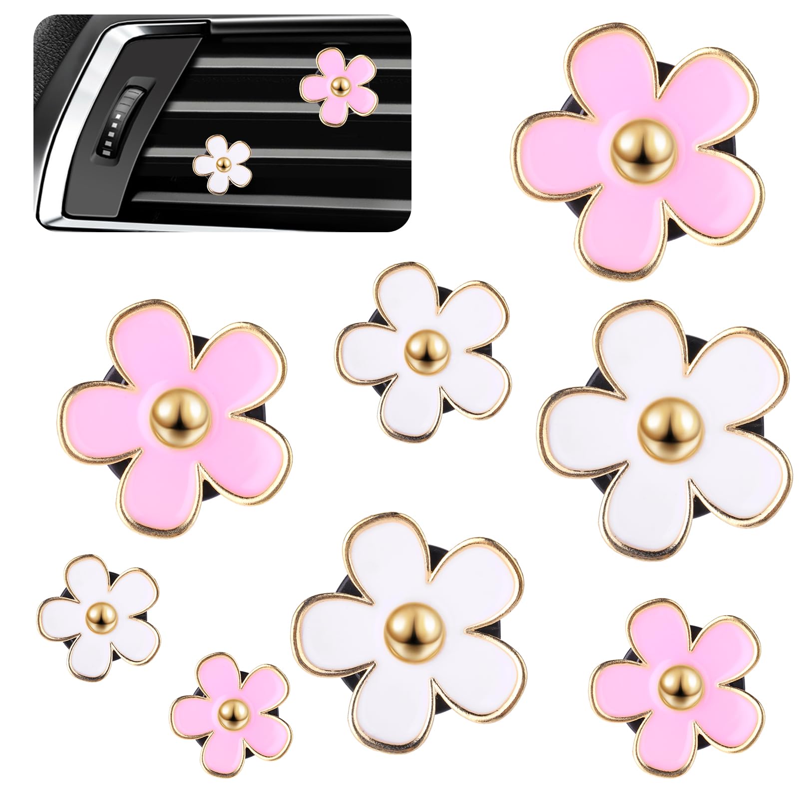 8 Stück Auto Zubehör Innenraum Frauen, Gänseblümchen Blumen Lufterfrischer Clip Auto Diffuser Deko Innendekorationszubehör Car Vent Clips für Wohnzimmer Büro (Rosa) Angebot bei HelloDeals