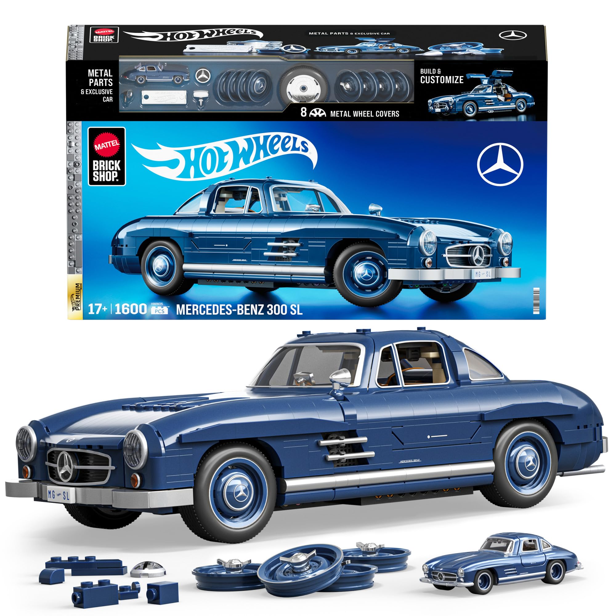 ​Mattel Brick Shop Hot Wheels Premium Serie Bauset, Mercedes-Benz 300 SL mit 1600 Teilen, realistischen Details und Metallteilen, für Sammler, HWW25, [Mehrfarbig] Angebot bei HelloDeals