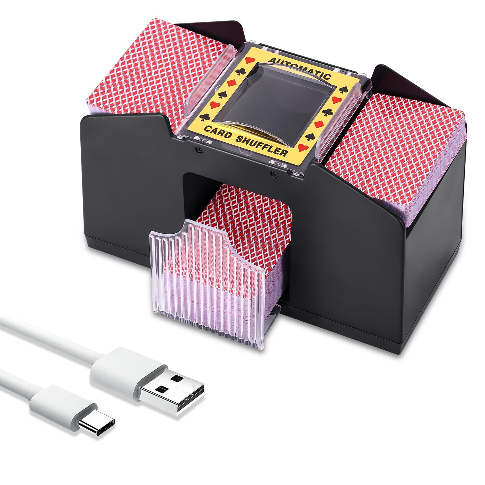 YUNYODA Kartenmischmaschine Elektrischefür 1-4 Decks, USB/Batteriebetrieben Automatischer Kartenmischer, Mischmaschine Karten für Decks UNO, Poker, Skip BO & Viele Weitere Karten, Schwarz USB und Batteriebetrieben Angebot bei HelloDeals