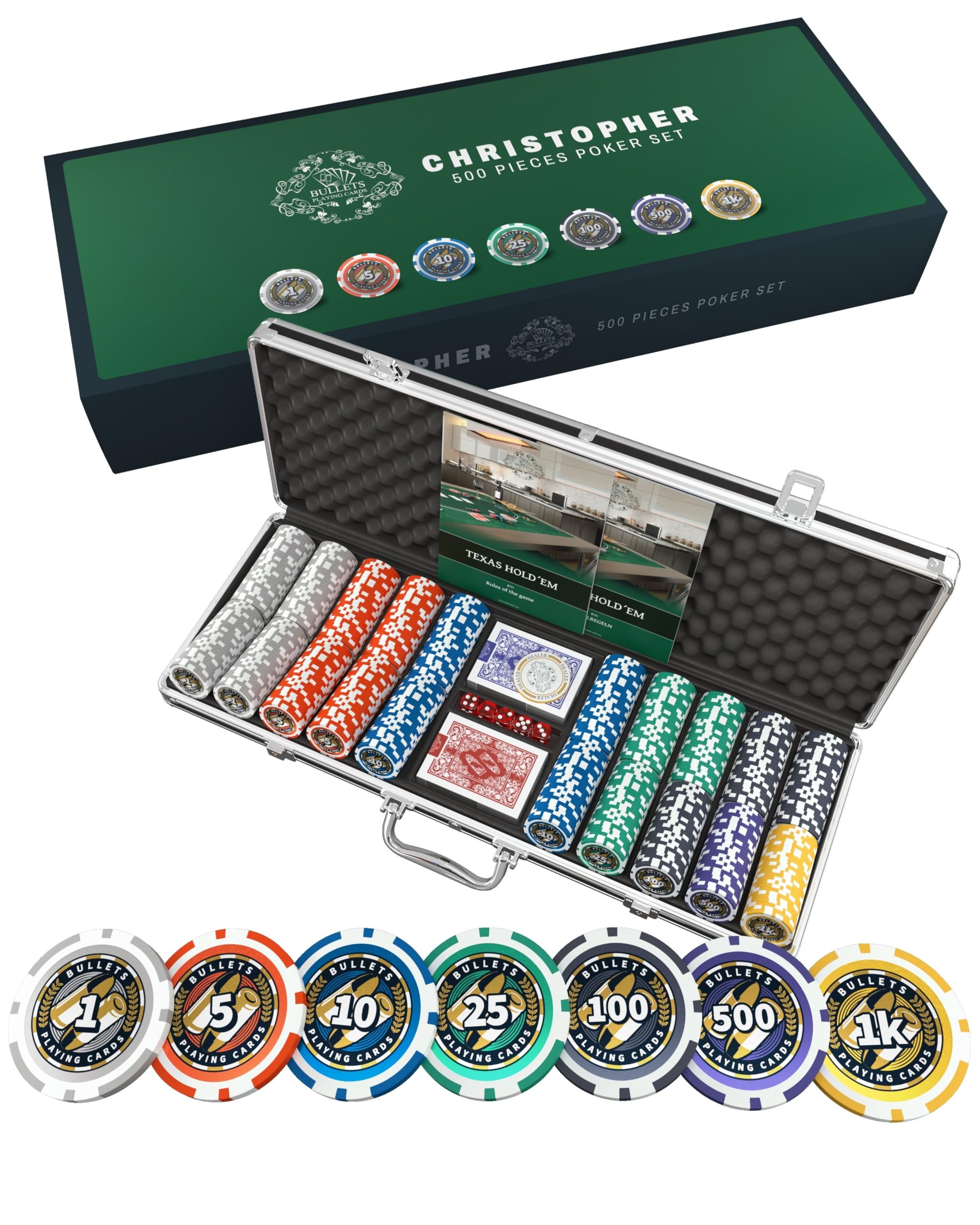 Bullets Playing Cards | Pokerkoffer Deluxe „Christopher“ mit 500 Plastik Pokerchips 12g | Pokerset mit Karten, Würfeln, Dealer Button & Regeln für Texas Holdem 500 Chips Angebot bei HelloDeals
