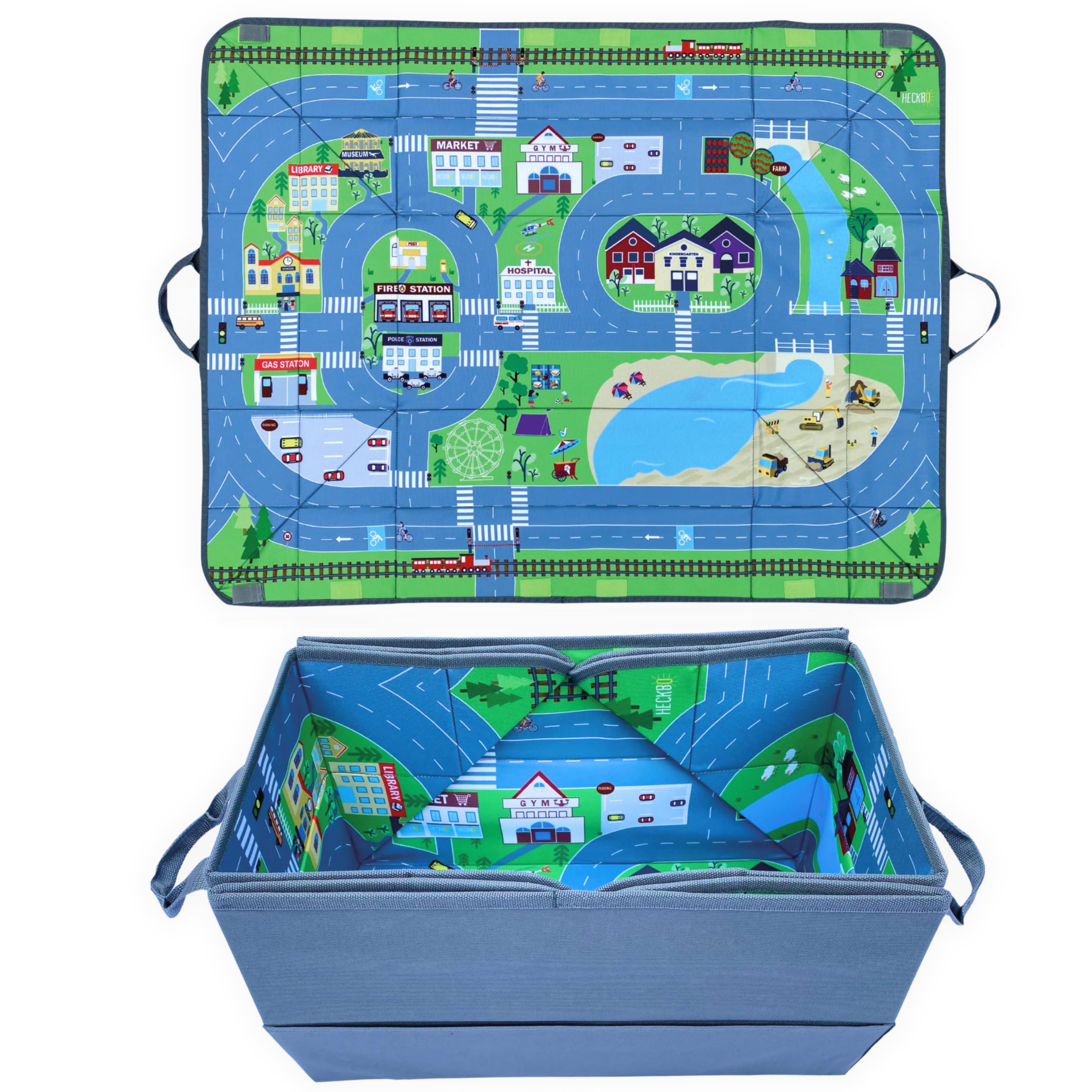 HECKBO 4-in-1 Auto Organizer und Spielteppich - Kinder Spielzeug-Aufbewahrungsbox - Faltbare Spielmatte mit Straßenmotiv - Sichere Befestigung im Auto, 91cm x 72cm Angebot bei HelloDeals