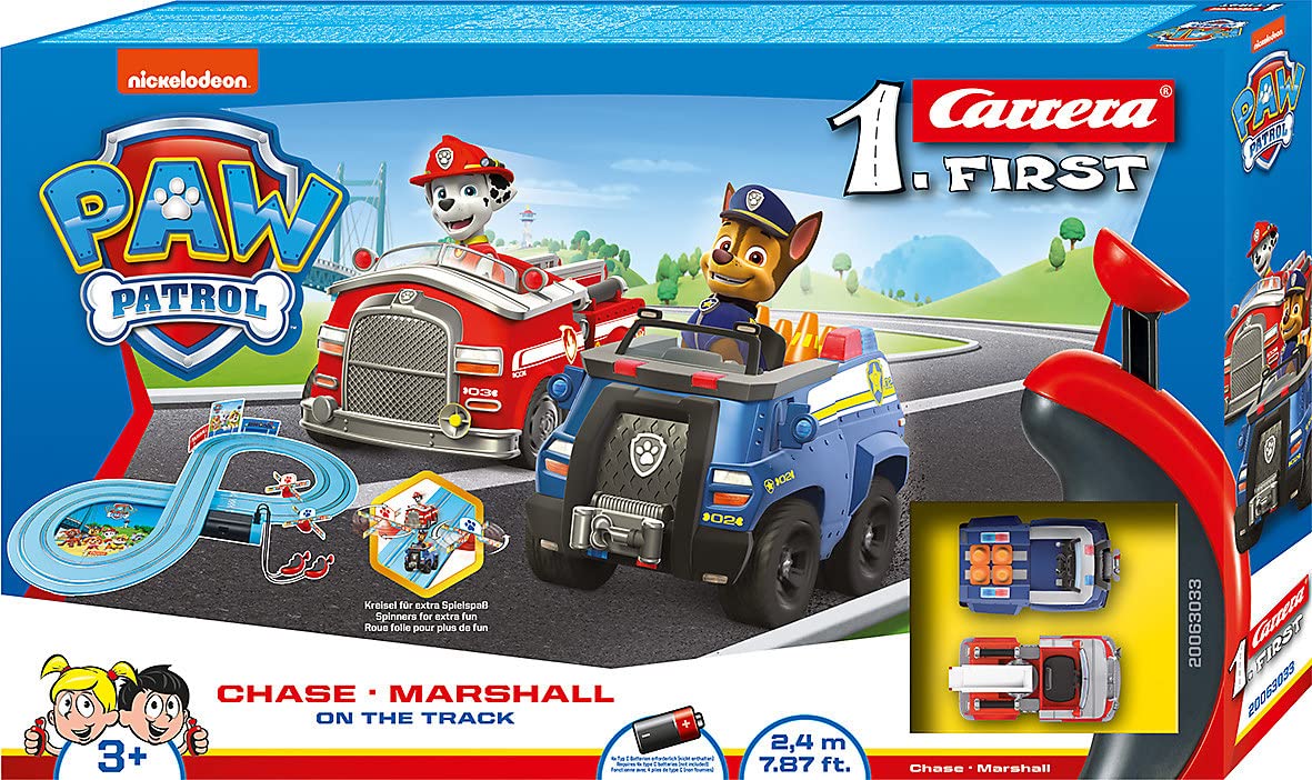 Carrera 369-3033 FIRST PAW PATROL On the Track 2,4m Rennstrecken-Set | 2 ferngesteuerte Fahrzeuge mit Chase und Marshall | mit Handregler & Streckenteilen | Spielzeug für Kinder ab 3 Jahren On the Track Single Angebot bei HelloDeals