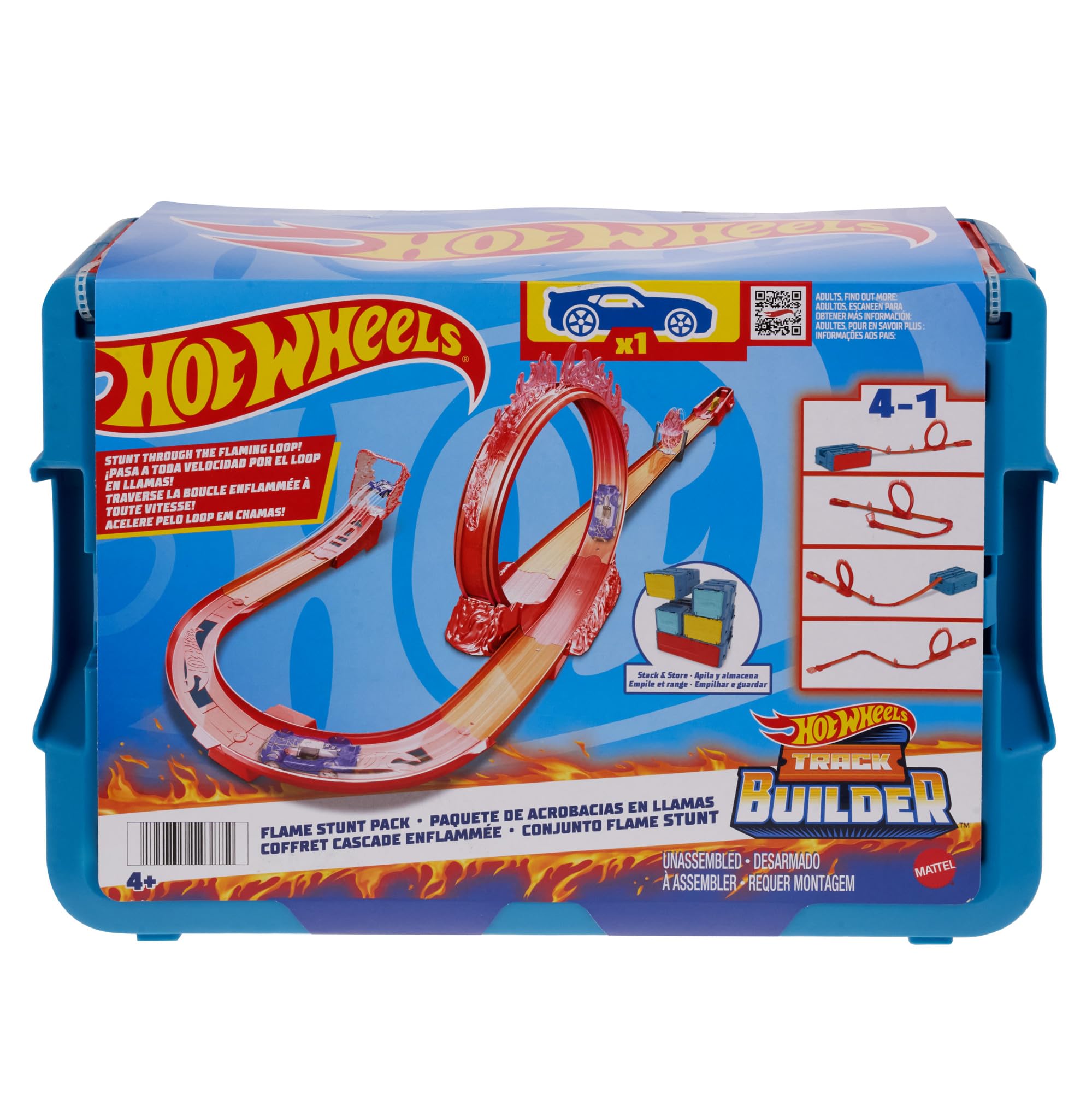 Hot Wheels Trackset, Trackset im Feuer-Design mit einem Hot Wheels Fahrzeug, 16 Track- und Stuntkomponenten in stapelbarer Spielzeug-Aufbewahrungsbox, HMC04 Angebot bei HelloDeals