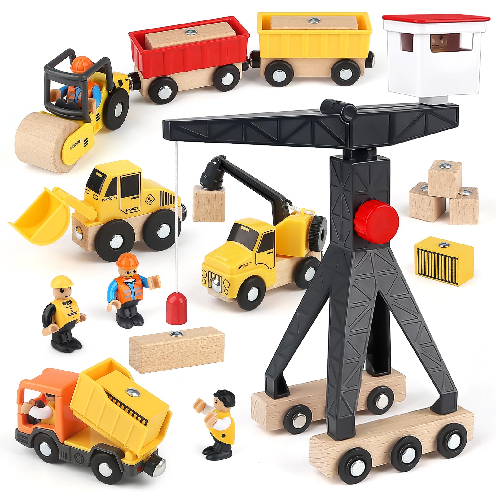 Vanplay Baustellenfahrzeuge Kinder Kran Spielzeug Holzspielzeug Baustelle Spielzeug ab 3 Jahre Junge mit Turmkran Bagger Kranwagen Muldenkipper Straßenwalze Geschenk 3 4 5 Jahre Junge Angebot bei HelloDeals