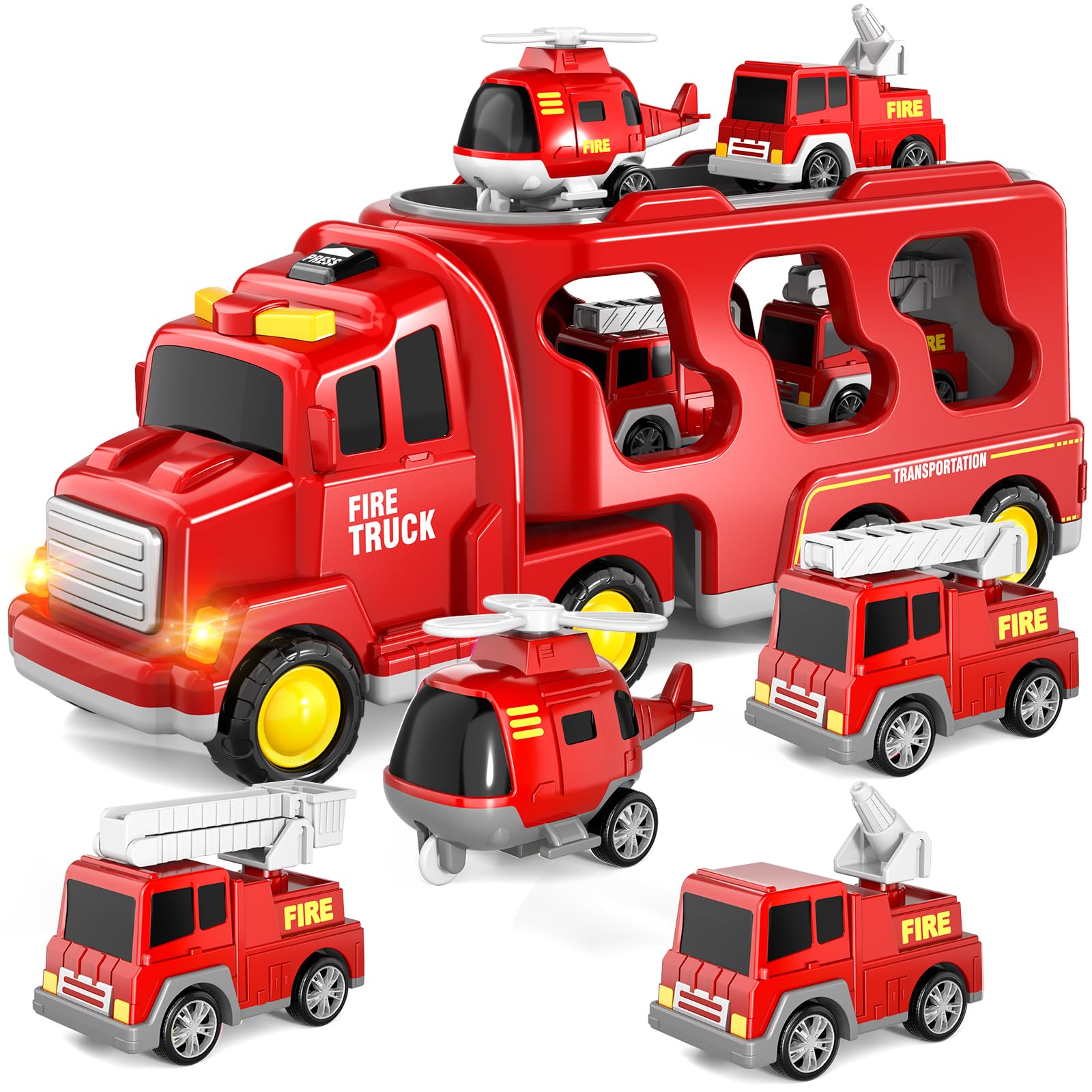 5-in-1 Feuerwehr LKW Spielzeug für Kinder, Reibungsbetriebene Transporter mit 4 Feuerwehrfahrzeugen, Spielzeug ab 1 2 3 Jahren für Jungen und Mädchen mit Lichtern und Geräuschen für Kleinkind 4 5 6 Feuerwehr (5 in 1) Angebot bei HelloDeals