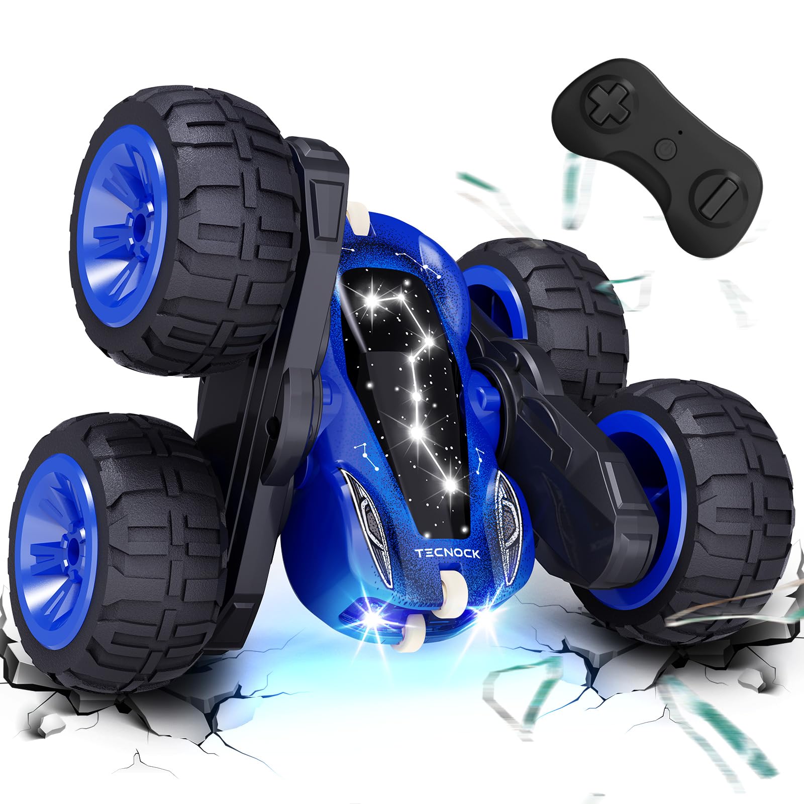 Tecnock 2025 Ferngesteuertes Auto mit 2.4 Ghz Fernbedienung 360°Flip Stunts Rc Auto Monstertruck mit Buntes Licht ab 6-12 Jahre Outdoor Spielzeug Geschenk für Junge Kinder Blau Angebot bei HelloDeals