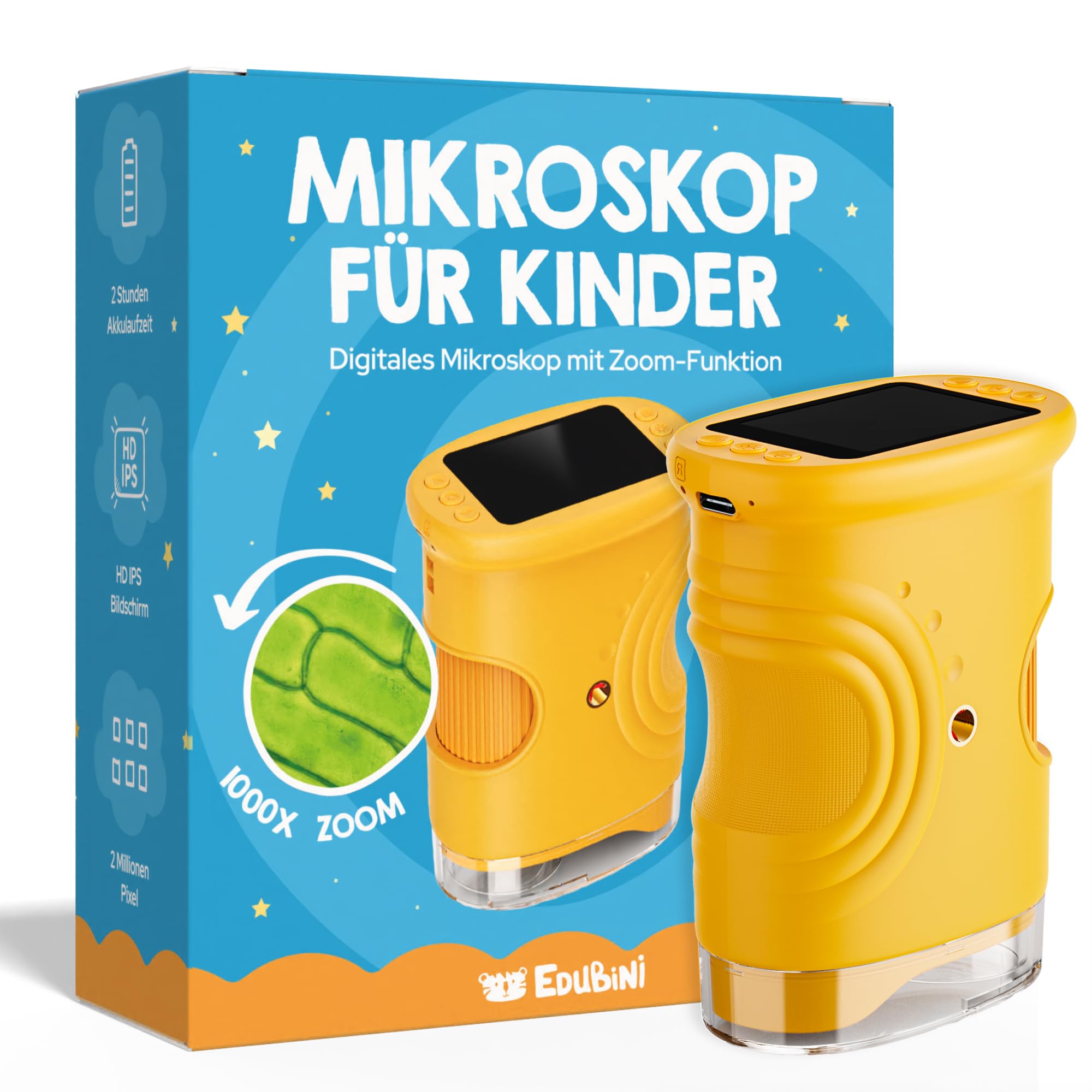 Edubini Digitales Mikroskop für Kinder [1000-fache Vergrößerung] - Tragbares Taschenmikroskop für Garten, Wald & Experimente - Kindermikroskop Spielzeug mit digitalem HD-Bildschirm [inkl Fotofunktion] Gelb Angebot bei HelloDeals
