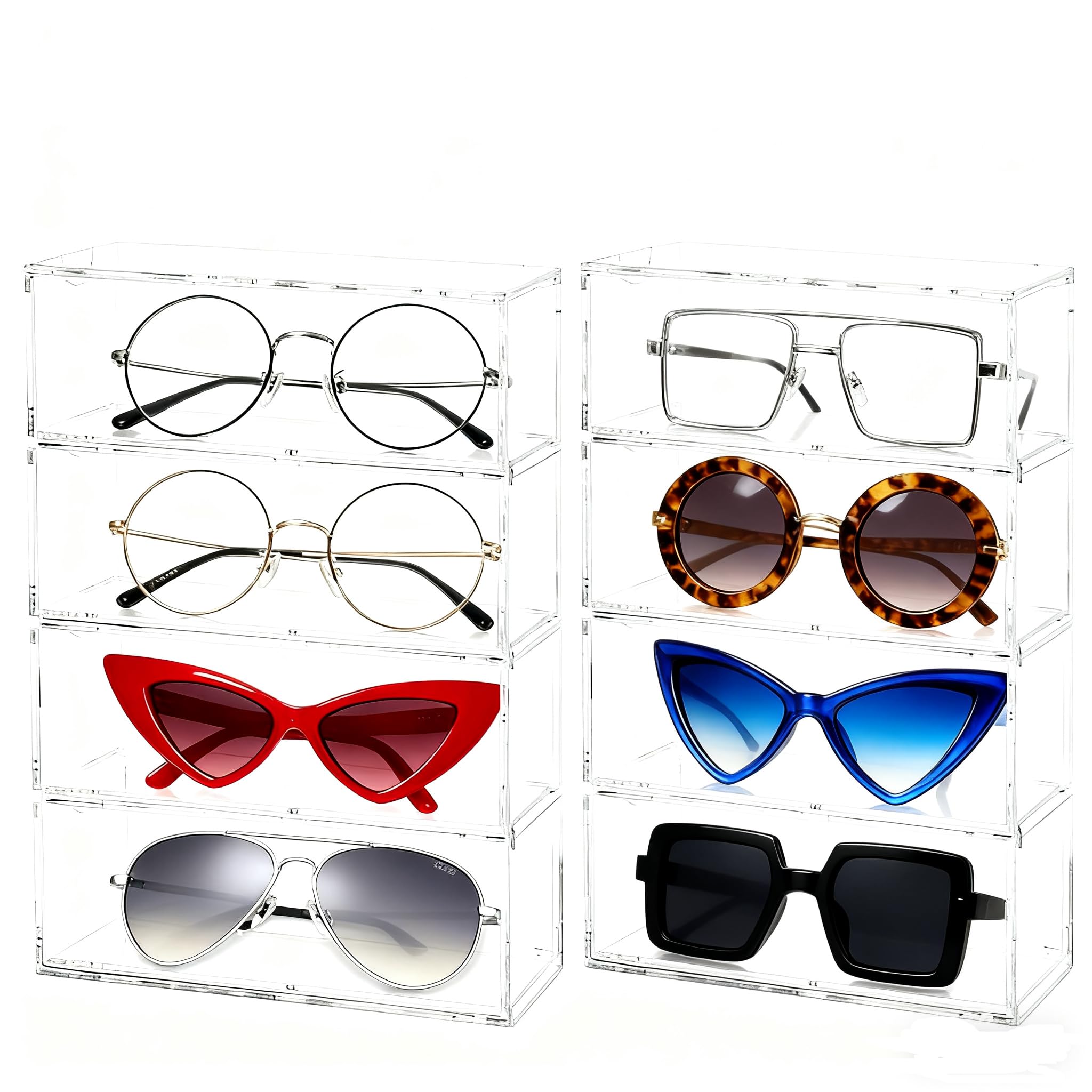Zuxbolf 2 Stück Sonnenbrillen Aufbewahrung aus Acryl Brillenaufbewahrung mit 4 Schubladen transparent Brillenbox Brillenorganizer stapelbar Brillenetui Aufbewahrungsbox für 8 Brillen (24.3x17.4x6.4cm) Angebot bei HelloDeals