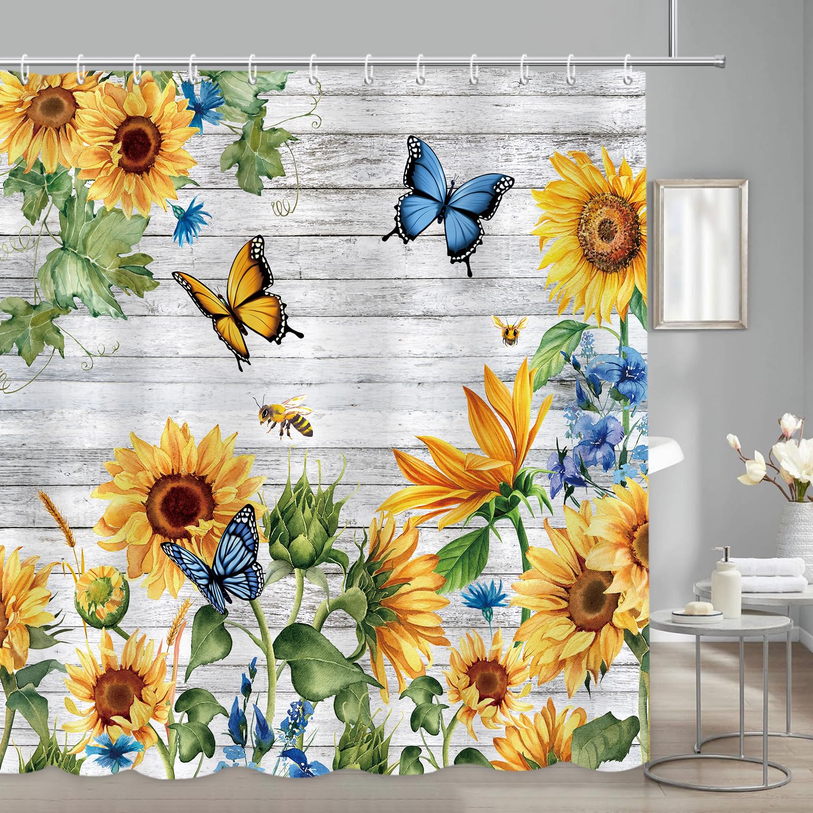 APROPHIC Duschvorhang Sonnenblumen 180x180, Schmetterling Holzplatte Duschvorhänge für Badezimmer, Pflanzen Badewanne, Wasserdicht Duschvorhang Textil mit 12 Haken, Maschinenwaschbar Schmetterlinge-3 Angebot bei HelloDeals