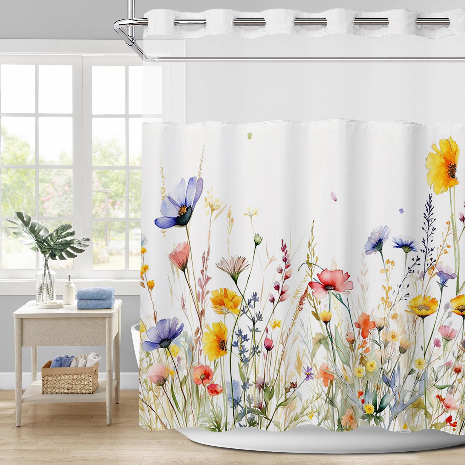 APROPHIC Wildflower Duschvorhang mit Snap-in-Futter, Aquarell Blumen Duschvorhänge, Durchsichtiger Netzoberteil, Gewichteter Saum, wasserdichte Stoff Blumen-Hotel-Badezim-Duschvorhang Set,181x188 cm Bunt Angebot bei HelloDeals