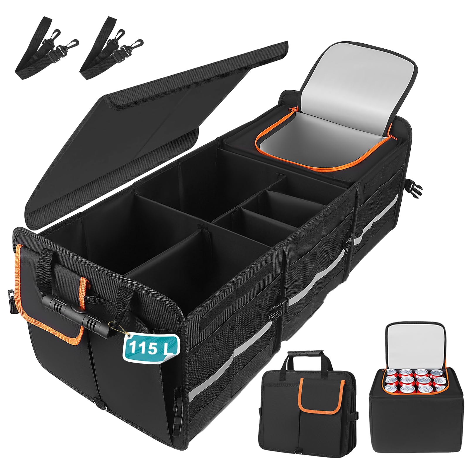 Strixorn XXXL Auto Kofferraum Organizer mit Deckel, 115L Faltbare Auto Aufbewahrungsbox und 24L Kühltasche mit 6 Fächern, Wasserdicht Rutschfest mit Griffe für Camping und Alltag, 89 x 36 x 31 cm Angebot bei HelloDeals