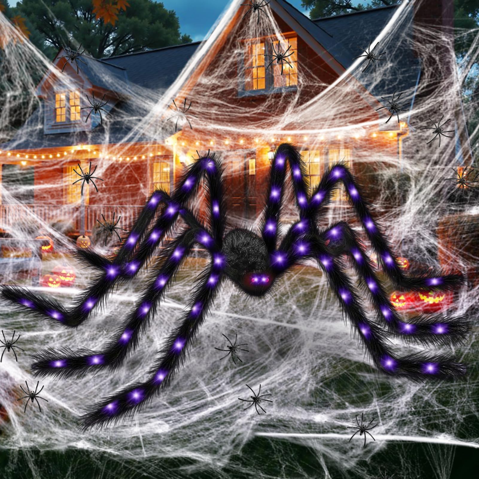 Halloween Deko Spinne 125cm mit LED,Mit Groß Spinnennetz & 20 Mini Spinnen, Gruselige Riesenspinne Außendeko mit violettem Licht für Garten, Outdoor & Halloween Party Angebot bei HelloDeals