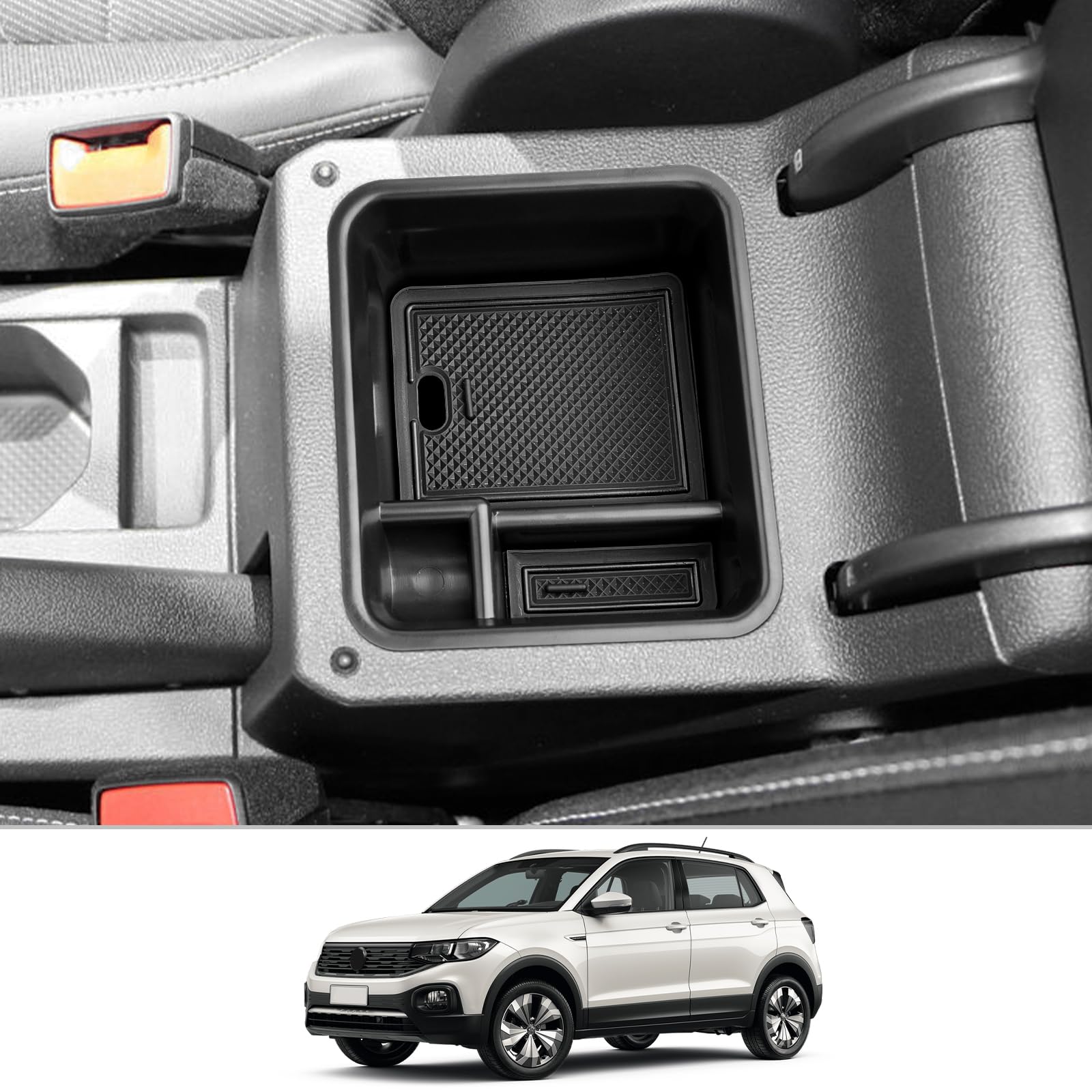 CDEFG Kompatibel mit VW T-Cross T Cross 2018-2024 2025 Mittelkonsole Armlehne Aufbewahrungsbox Multifunktionaler Aufbewahrung Auto Center Console Organizer Tray T Cross Zubehör (Schwarz) Angebot bei HelloDeals