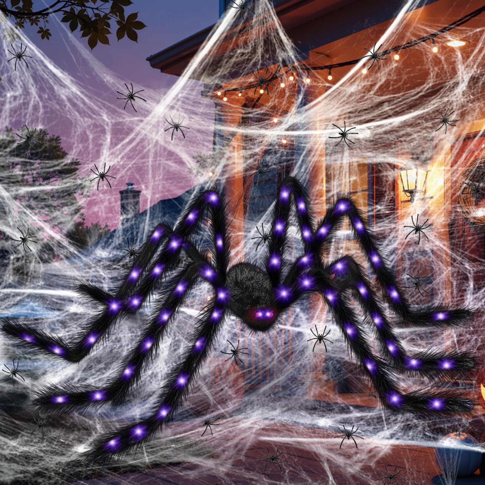 125cm LED Halloween Deko Spinne, mit Spinnennetz & 20 Mini Spinnen Deko, Spinne Halloween Groß, Party Horror deko für Outdoor, Garten, Haus, Tür, Fenster, Kamin & Spukhaus Angebot bei HelloDeals