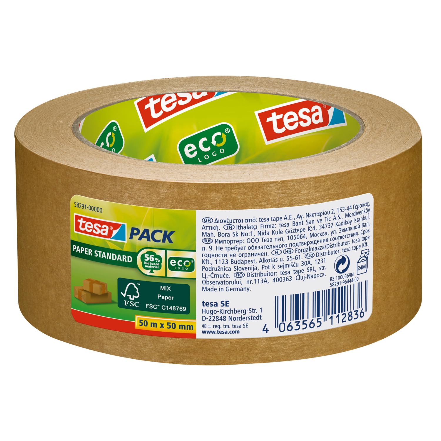tesa tesapack Papier Standard - Umweltschonendes Paketband aus Papier, 56% biobasiertes Material - Effizient und recyclingfreundlich - Braun - 50 m x 50 mm 50m x 50mm Single Angebot bei HelloDeals