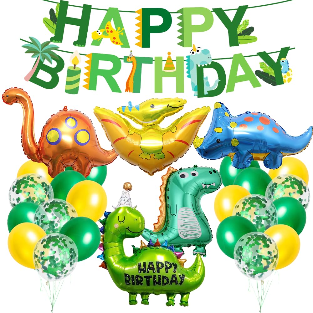 Dino Geburtstag Deko Set, XXL Dinosaurier Folienballons mit Happy Birthday Girlande, Dino Party Kindergeburtstag, Luftballons Grün Gelb für Dinosaurier Dschungel Party Geburtstag Dekoration Junge Dinosaurier Themen Angebot bei HelloDeals