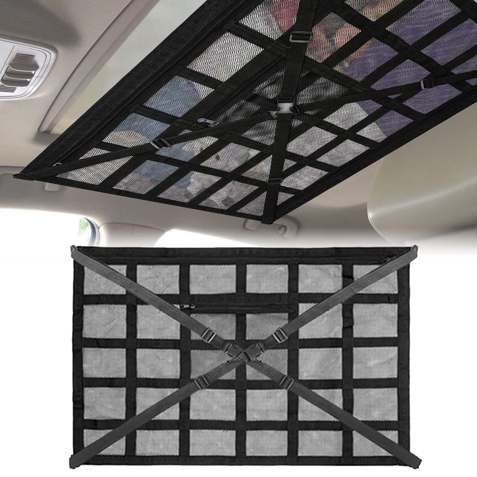 Gepäcknetz Auto, 78 × 53cm Universal Autodach Gepäcknetz Decke, mit Verstellbare Kreuzgurte, Unabhängige Reißverschlusstaschen, Doppellagiges Polyester Autodach-Gepäcknetz, Max 8kg, für SUV Van Angebot bei HelloDeals